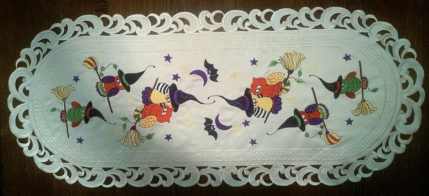 Halloween Table Runner with Owls and Witch Hats Embroidered on Ivory Material, Size 15 x 34 inches