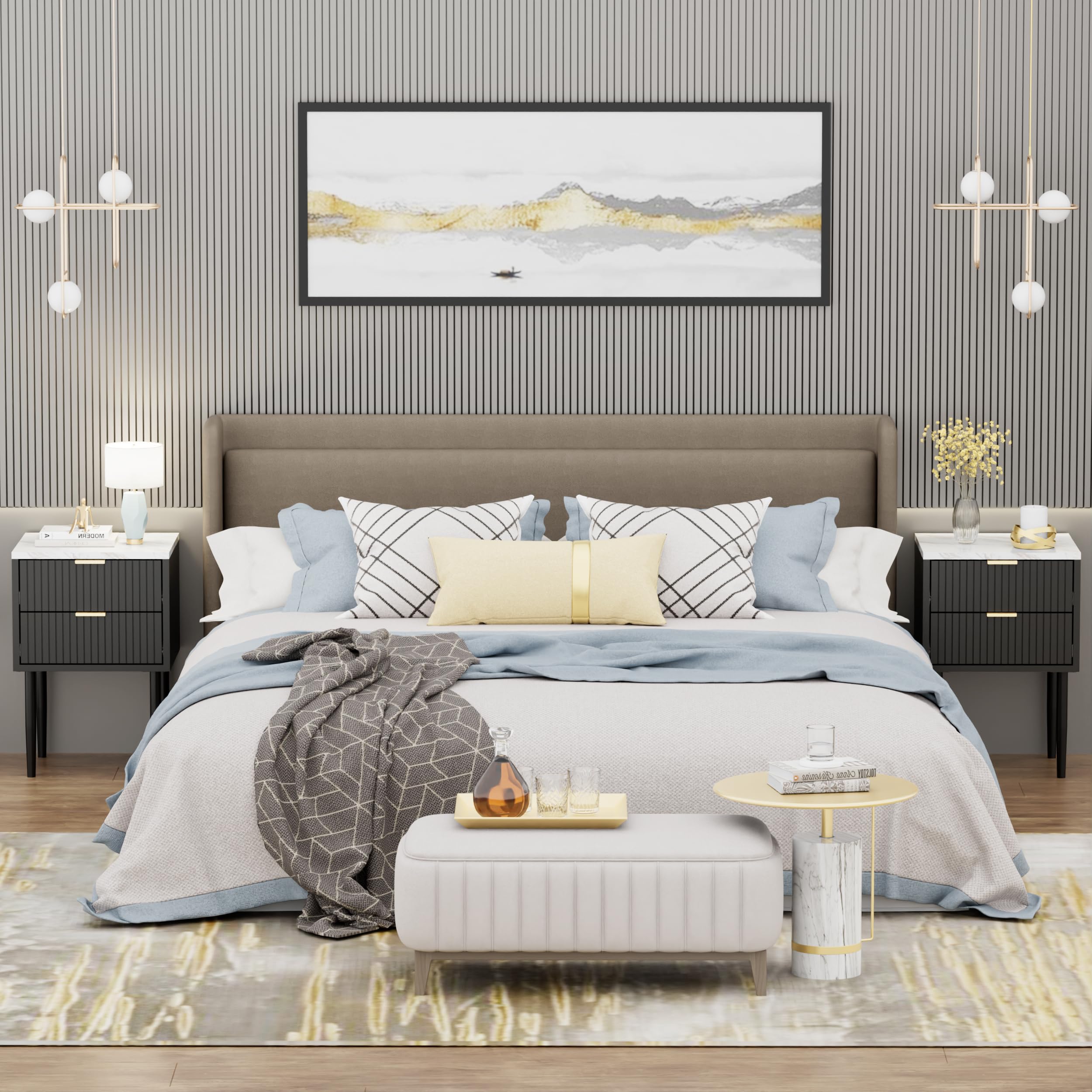 UEV 3er-Set Schlafzimmermöbel, Kommode mit 6 Schubladen und 2er-Set Nachttisch, Schlafzimmermöbel-Set in Marmor Optik, für Wohnzimmer, Schlafzimmer, skandinavisch, Schwarz