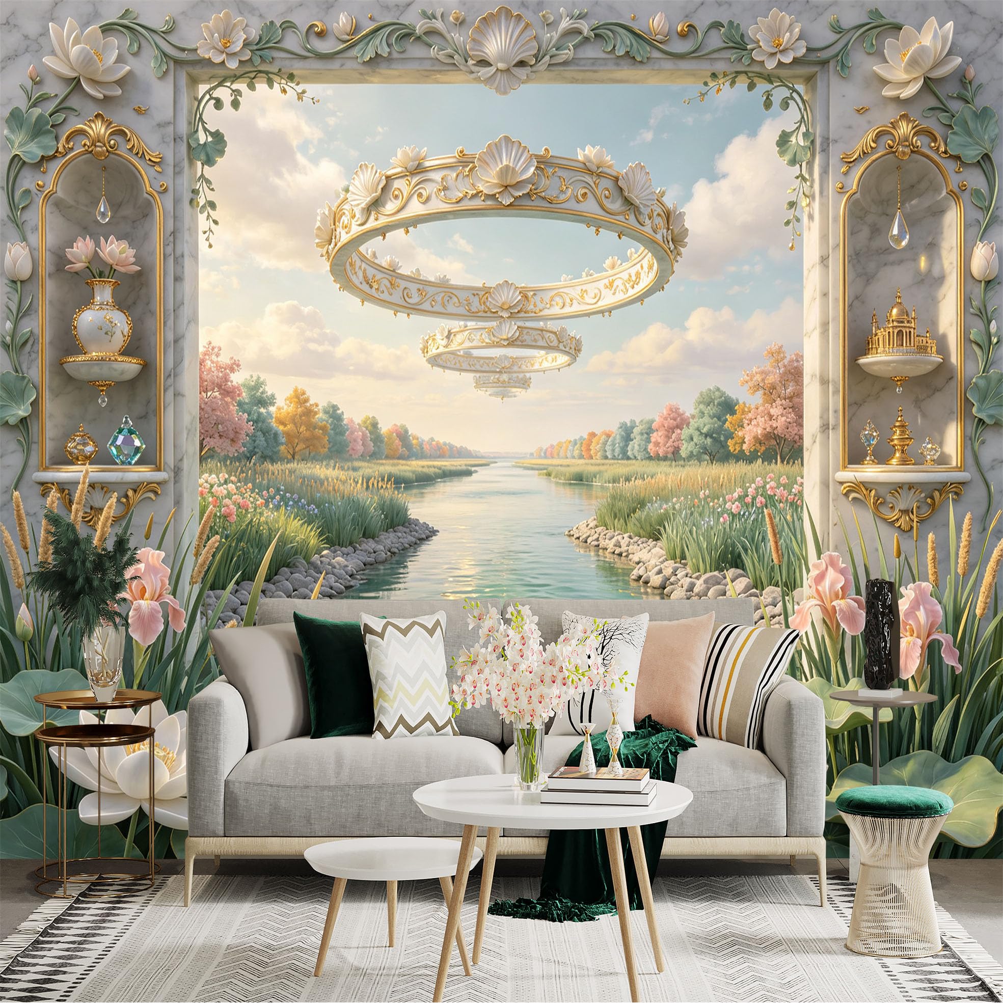Lnzczhyre Bh260719374 Custom Size Wall Sticker Mural， Elegant Marble Archway， Floating Floral Crown， Serene River Scenery， Blooming Lotus Flowers， For Wall Decoration， Peelandstick Wall Decals.