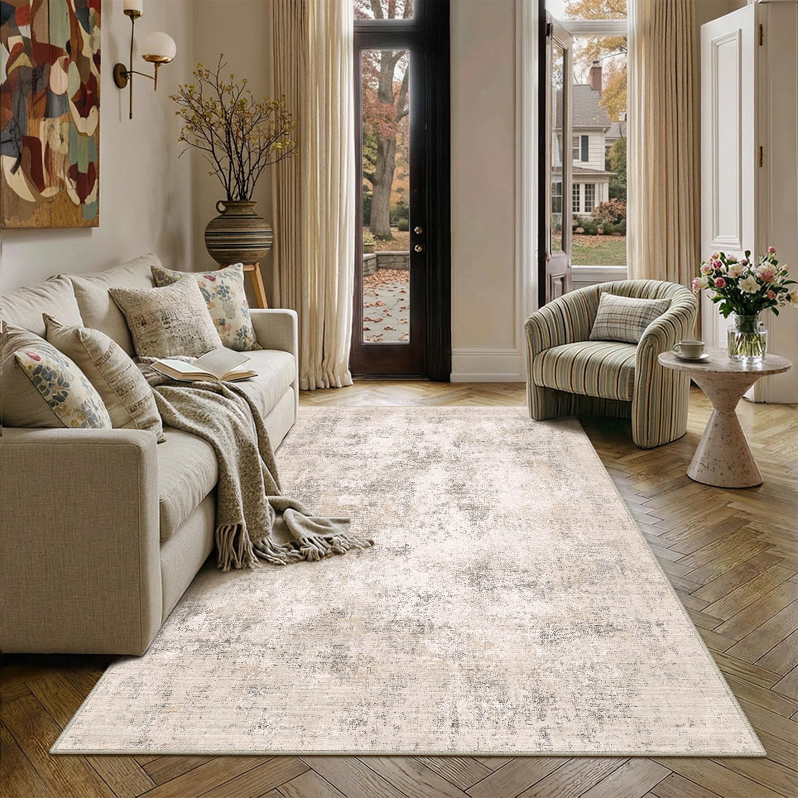 PureCozy Beige Area Rug Modern Abstract Rugs Living Room Large 160x230cm Non-Slip Carpet Lightweight Short Pile Washable Floor Rug for Bedroom Dining Room Nursery Lounge Office Home Decor — image 1