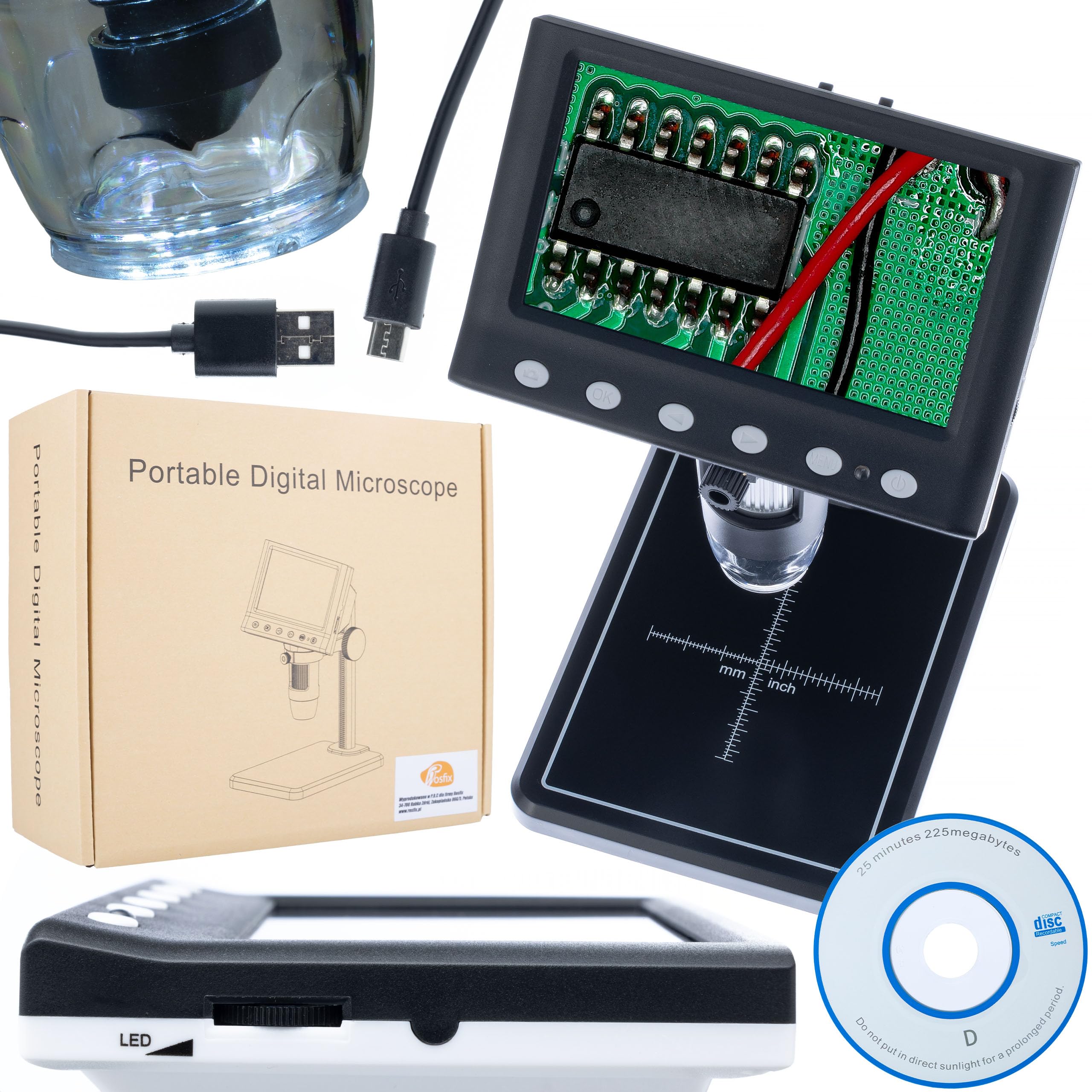 Rosfix Microscopio Digital DM7-B1 - Pantalla LCD 4.3" 50X-1000X 8 LED USB MicroSD | Para Electrónica, Joyería, Biología, Didáctica | Microscopio Portátil Profesional