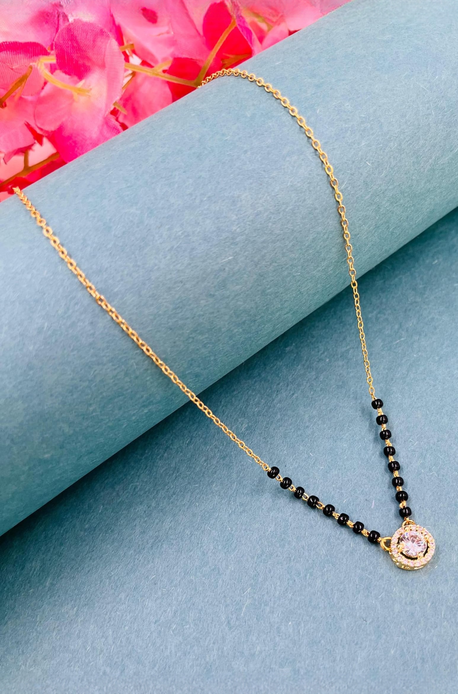 JHB American Diamond Boll Pendant With Black Beads Chain Short Mangalsutra For Women's