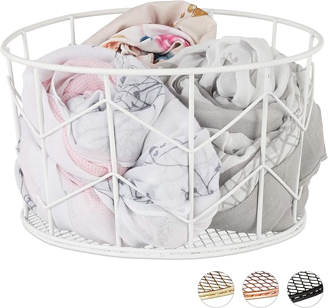 Relaxdays Wire Mesh Basket, Round Vintage Fruit Bowl, Decorative, Metal, 21.5 cm, White/Clear, 13 x 21.5 x 21.5cm