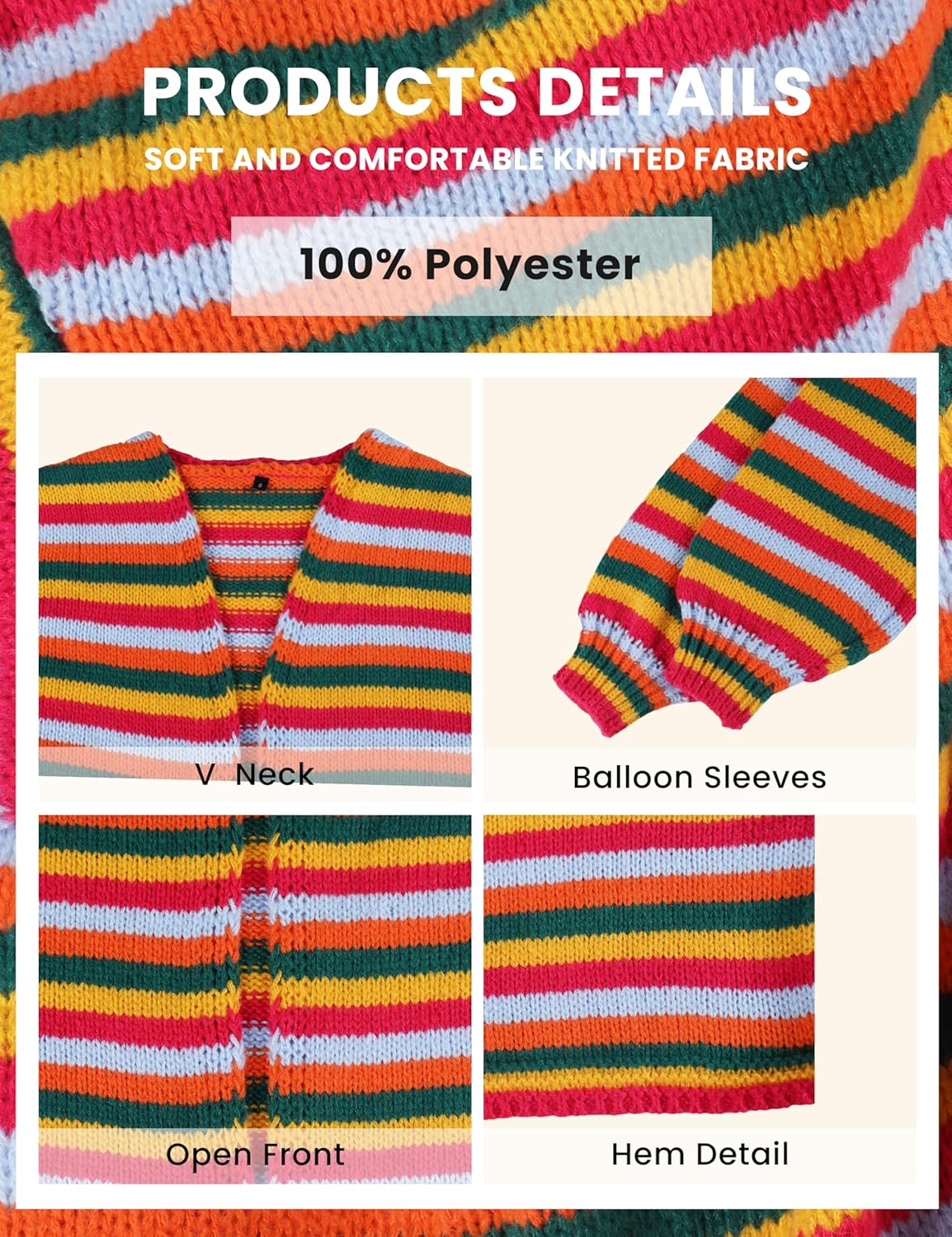 Yeokou Womens Striped Cardigan Sweaters Open Front Lightweight Knit Rainbow Color Block Casual Fall Layering Top - Image 5