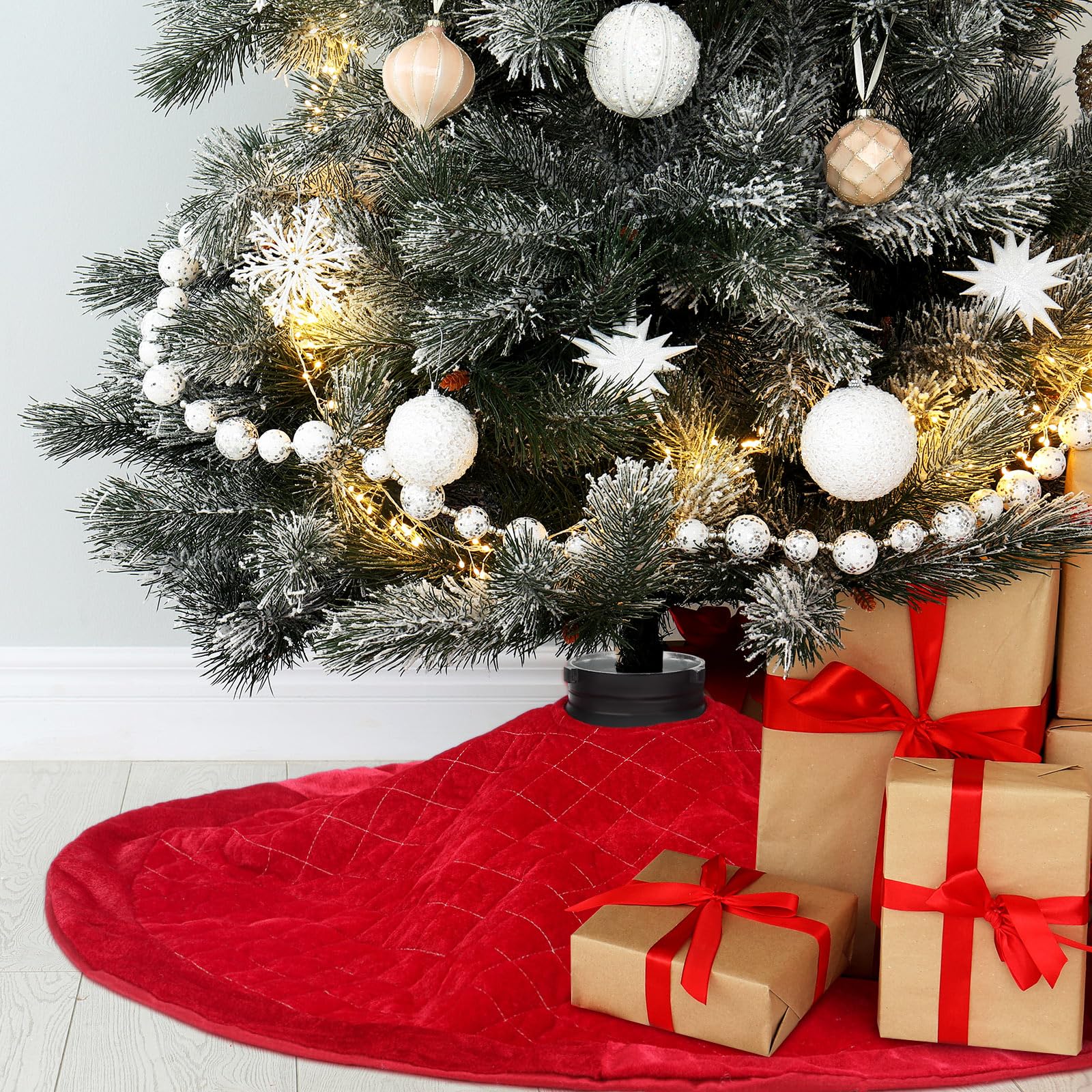 Outus Gonna per albero di Natale, 91 cm, in velluto rosso, lussuosa, in peluche, con reticolo centrale, decorazioni natalizie, tappetino per albero di Natale, decorazione per interni ed esterni,