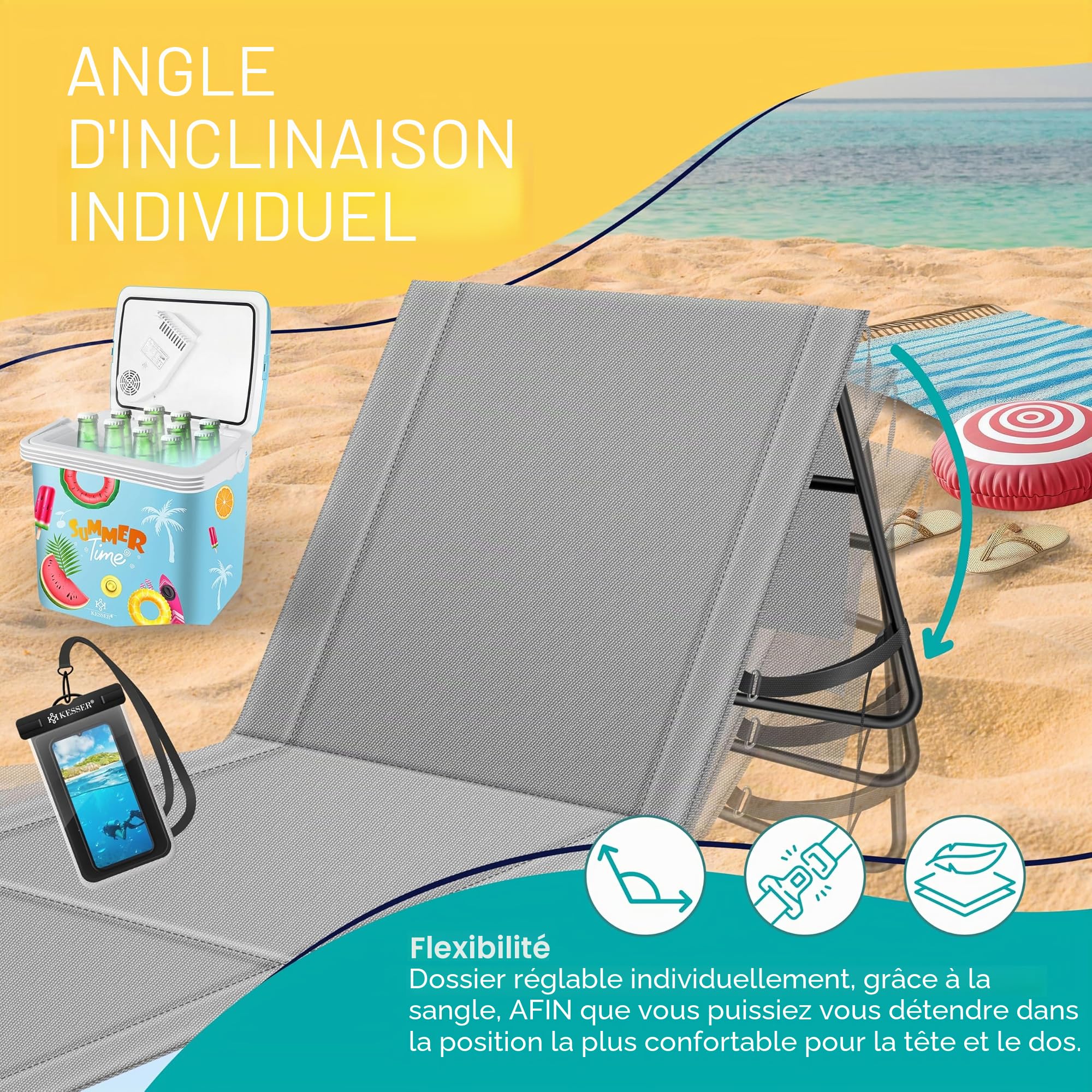 KESSER® Matelas de Plage Pliable avec Dossier réglable - Chaise Longue de Plage Pliable avec Sangle, Sac étanche & Rangement - Chaise Longue pour Plage, Jardin & terrasse 130 kg de Charge