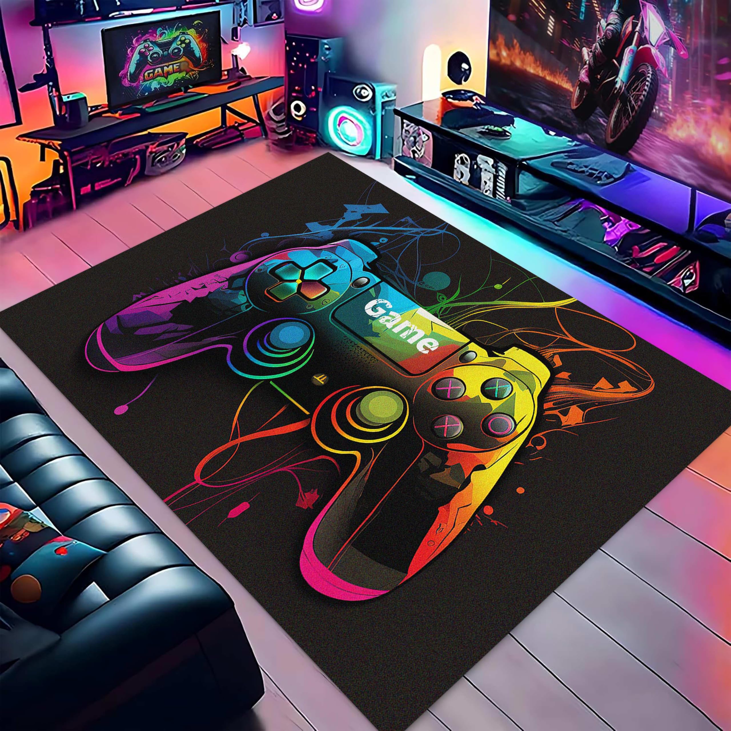 LHOMKCV Gaming Rug for Boys Room, 60x110cm, Cool Abstract Lines Neon Colorful Gamepad Black Large Area Rugs, Entrance Cozy Non Slip Breathable Game Mat for Dining Room Living Room
