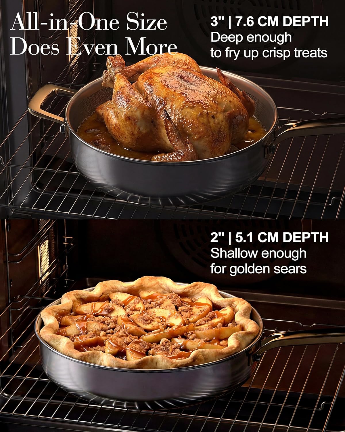 FogDream Titanium Non Stick Frying Pan, 10in Tri-Ply Stainless Steel Deep Saute Pan, All-in-One Cookware Set(Spatulas&Steamer), Stay Cool Handle, Dishwasher & Oven-Safe,Induction Compatible,Gold