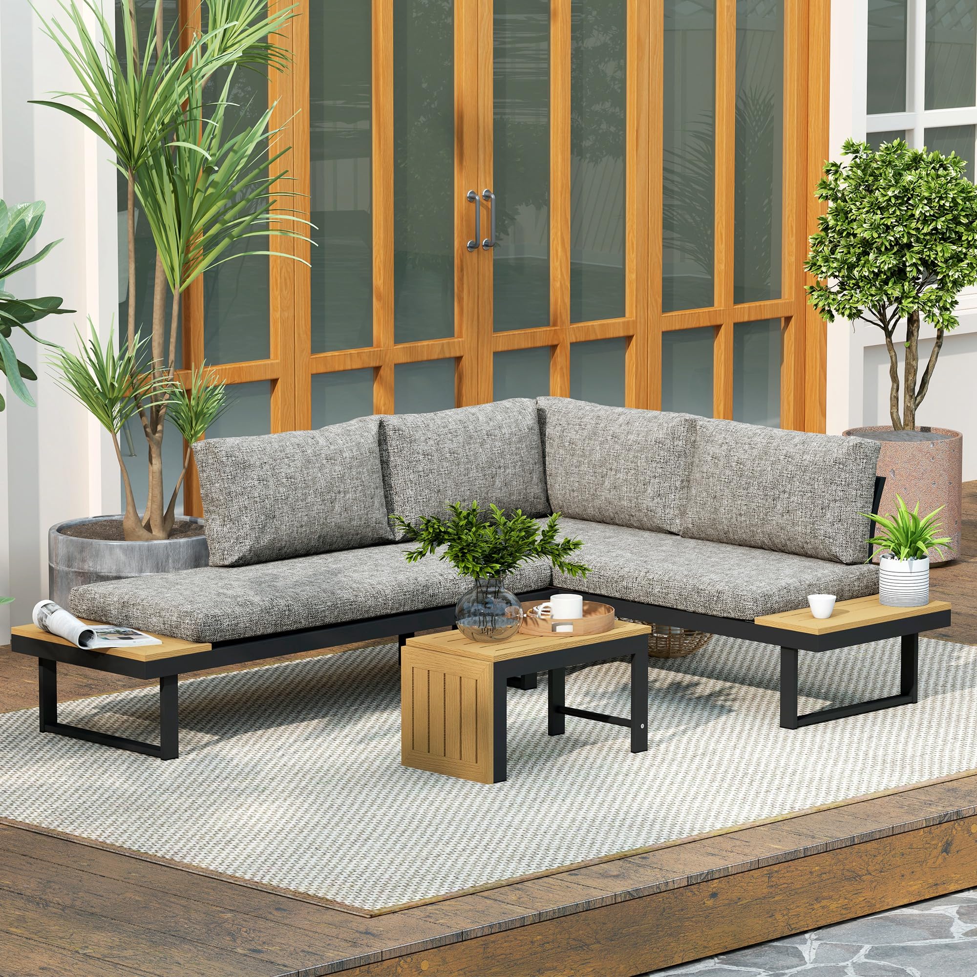 Outsunny Conjunto de Jardín Exterior de 3 Piezas Gris Claro | Sofá Exterior Seccional Resistente con Estructura de Aluminio, 2 Sofás de 2 Plazas, Mesa de Centro Versátil, Cojines