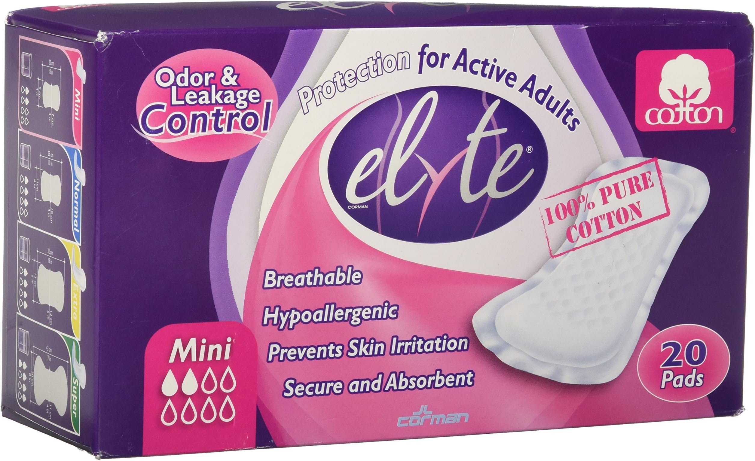 Corman Elyte Light Cotton Incontinence Pads - Mini - 4 In X 8 In - 20 Pack