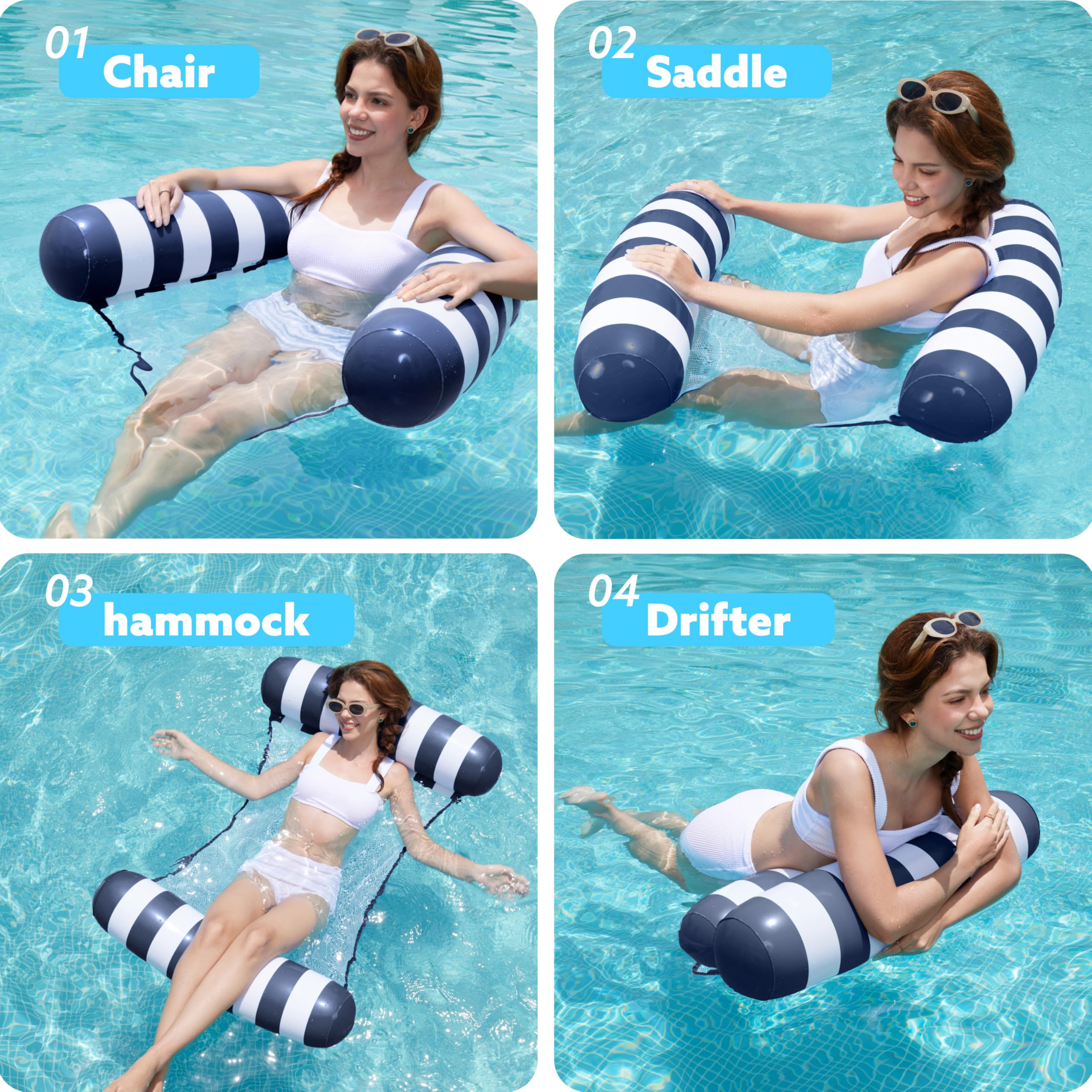 Hamaca tipo tira para adultos, 4 en 1, flotadores inflables multiusos para piscina, hamaca de agua de PVC (tira - azul marino) 2