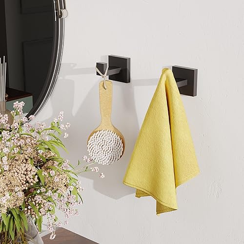 Miniatura 2 de Ruacq Gancho doble para toallas, base cuadrada negra mate, soporte para toallas de baño, toallero de mano, de acero inoxidable, moderno, montado en