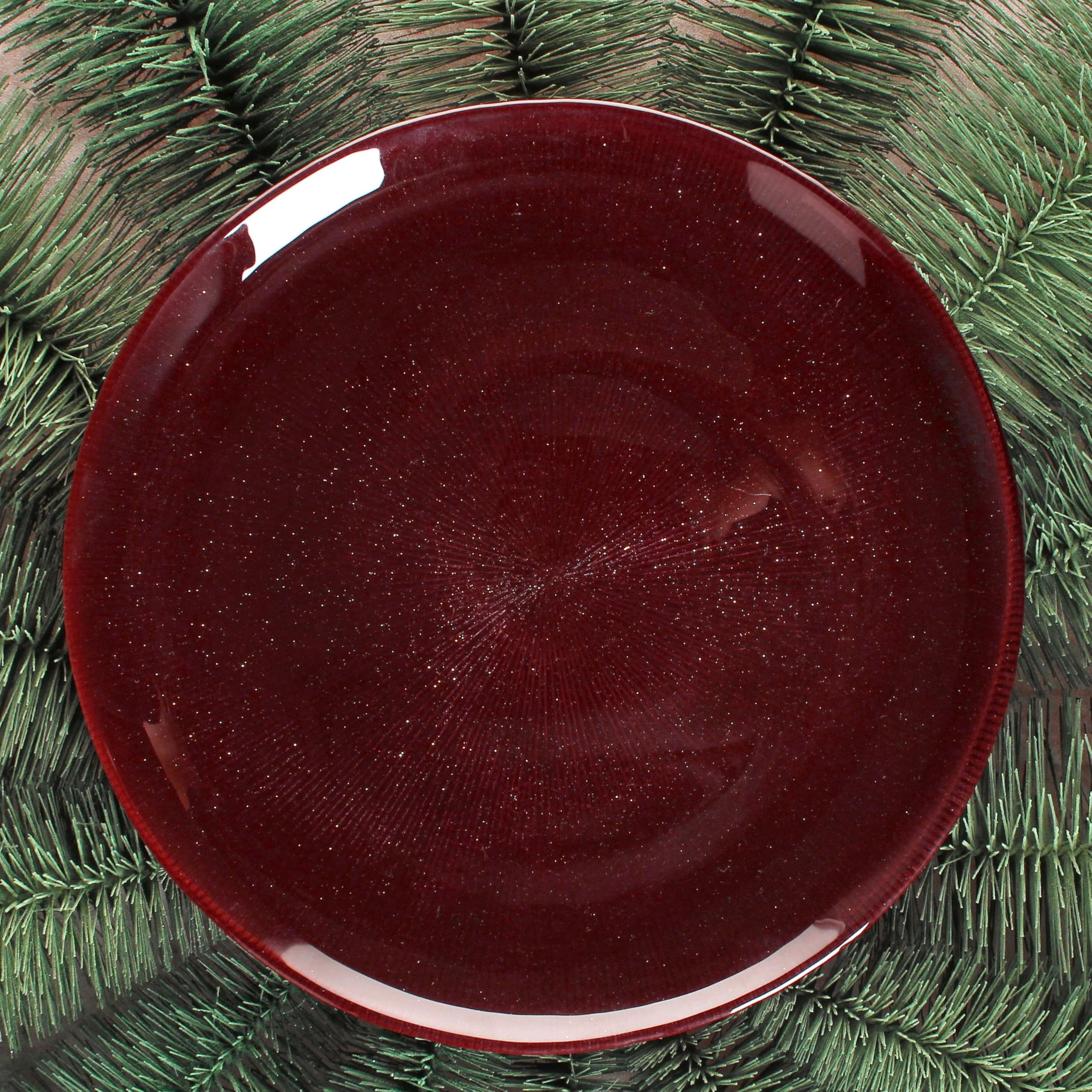 MamboCat Suez - Lot de 6 assiettes plates - Diamètre : 27 cm - Rouge foncé - En verre avec relief et effet scintillant - Pour 6 personnes - Pour repas principal, apéritif - Vaisselle de Noël
