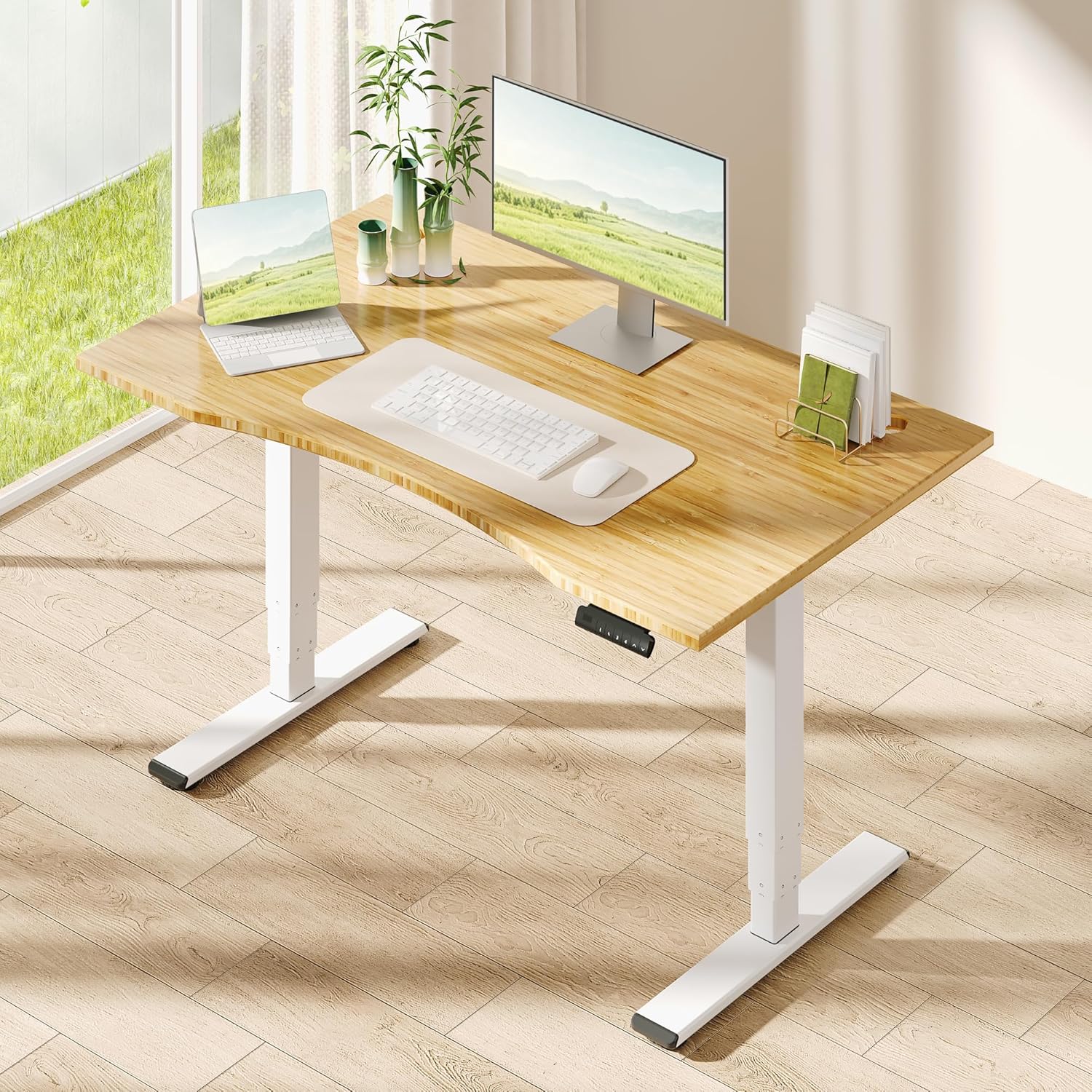 SANODESK Solid Bamboo 3-Stage Dual Motor Standing Desk 55×28 One-Piece Top, Holds 220 lbs, Spacious Ergonomic Sit Stand Desk with Memory Presets for Home Office, White Frame/Natural Curved Bamboo