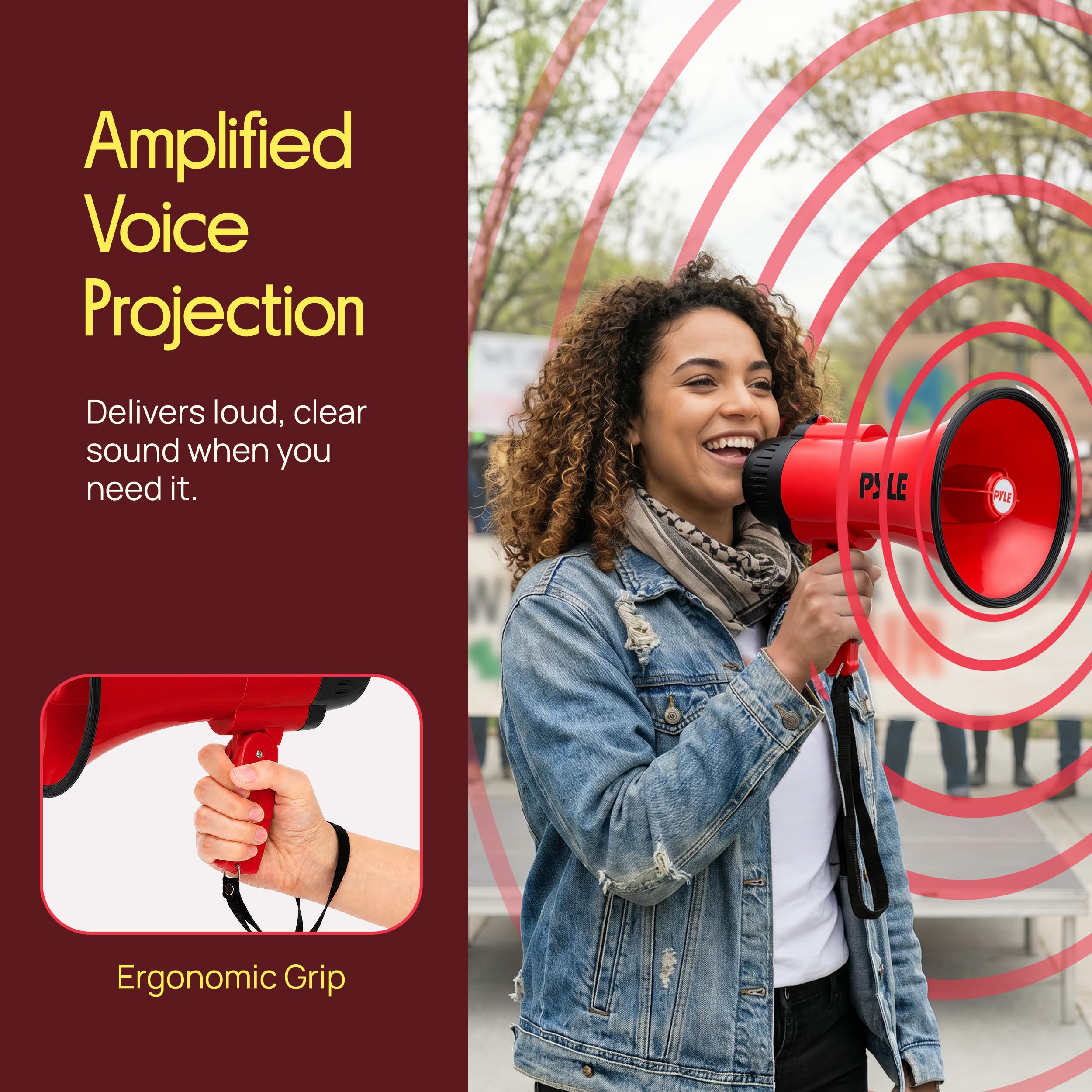 Pyle Mégaphone portable avec sirène | Sortie mégaphone légère de 30 W, portée de 914 m et charge USB-C | Modes conversation et musique pour écoles, sports, événements et annonces | Rouge foncé