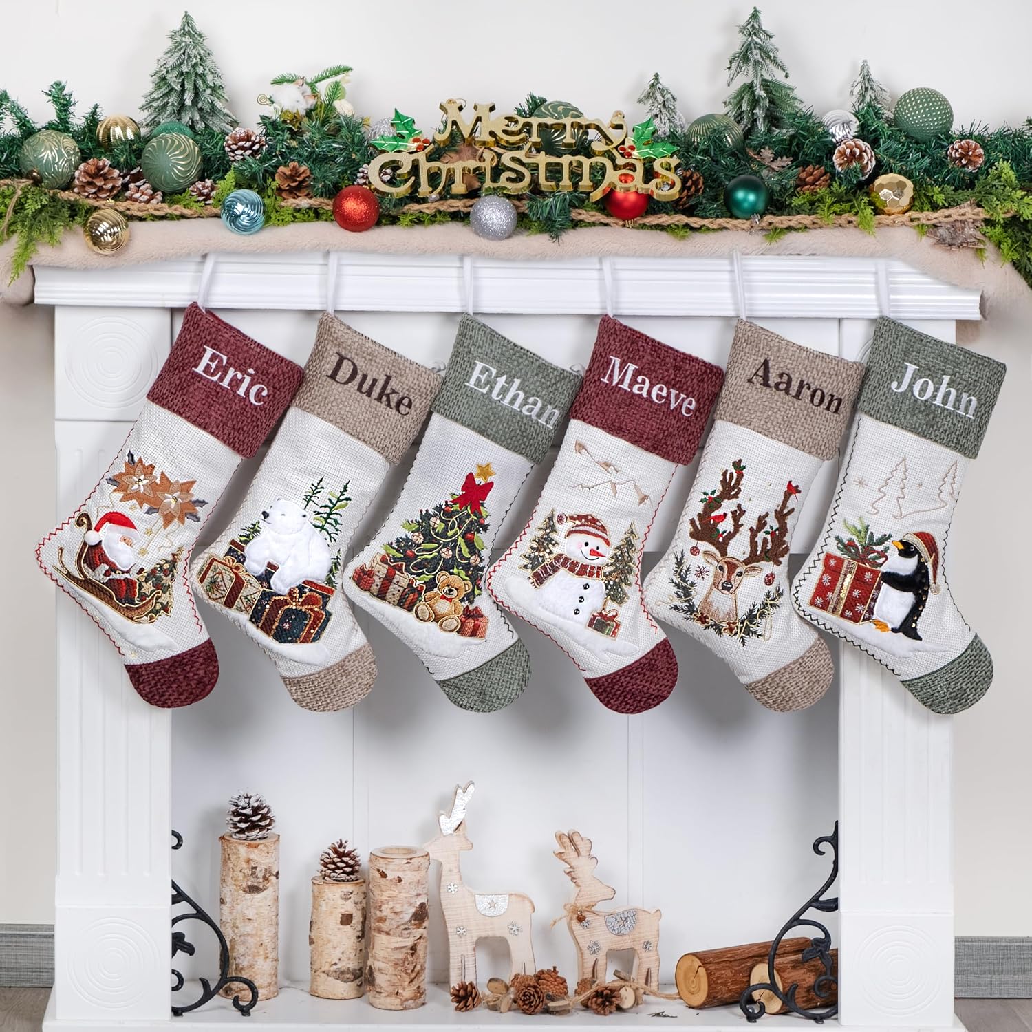 LUBOT New Personalized Christmas Stockings Pack Embroidery Name 20" Large Custom Traditional Holiday Fireplace Hanging Decorations Vintage Classic Plush Mantel Décor Xmas Stocking for Family
