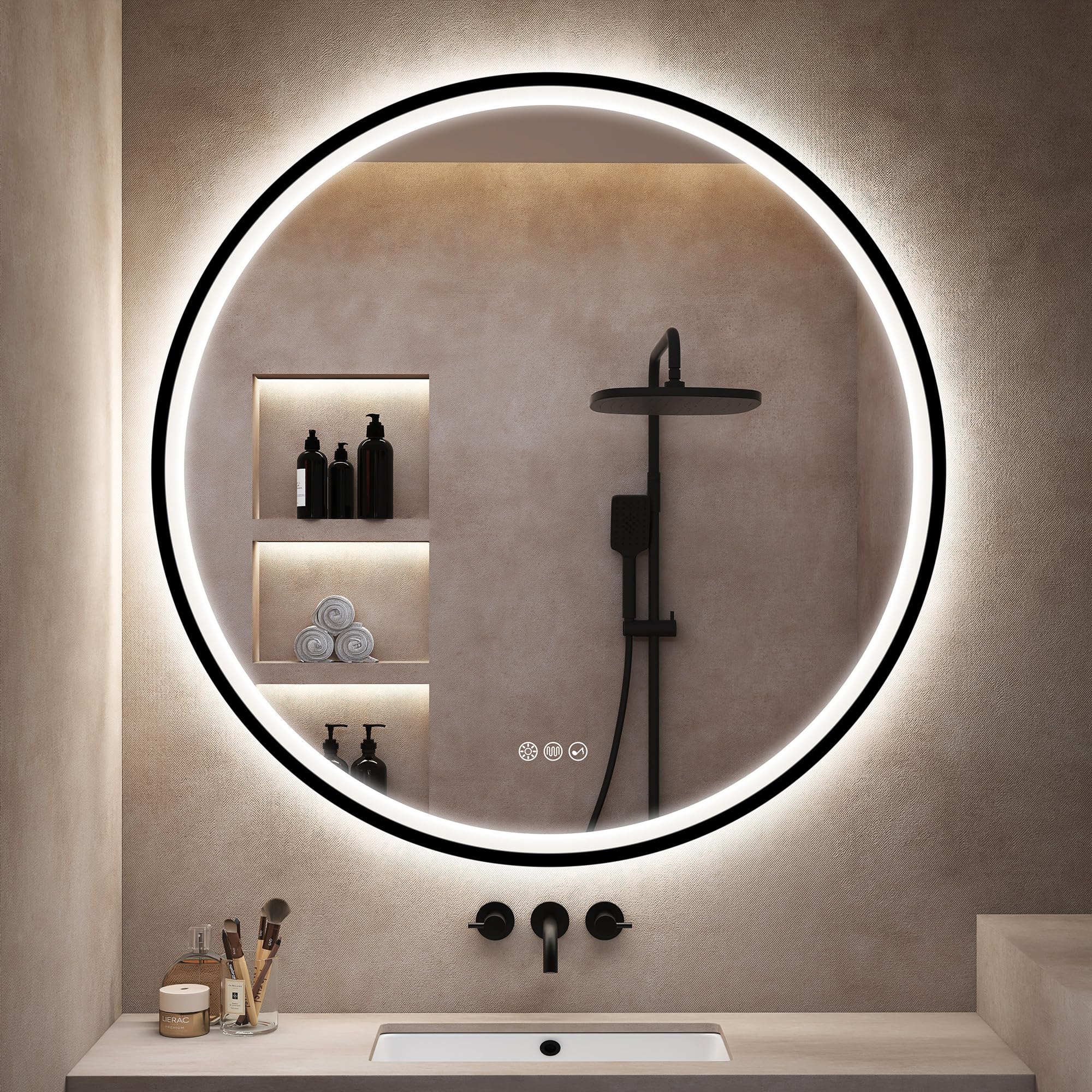 S'bagno Redondo-Espejo-Baño-con-Luz 80CM, Espejo-Baño-LED-con-Bluetooth, Antivaho, 3 Colores de Luces, Regulable, Memoria Luz, IP44, Vidrio Templado, Marco Hierro Negro