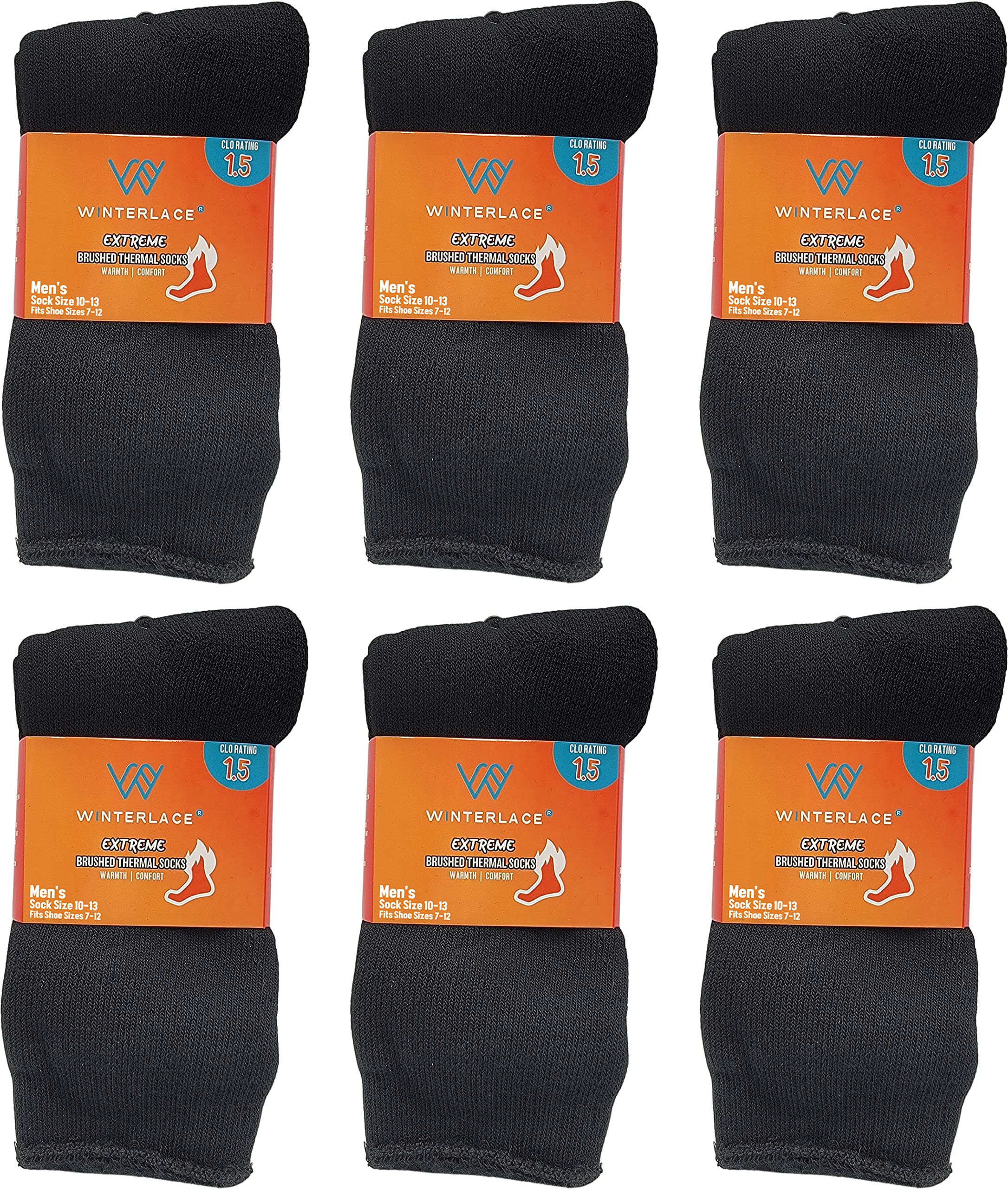 6 Pairs Mens Thermal Socks, Brushed Interior Warm Winter Thick Heavy Duty Cushioned Crew Sock, Bulk Pack