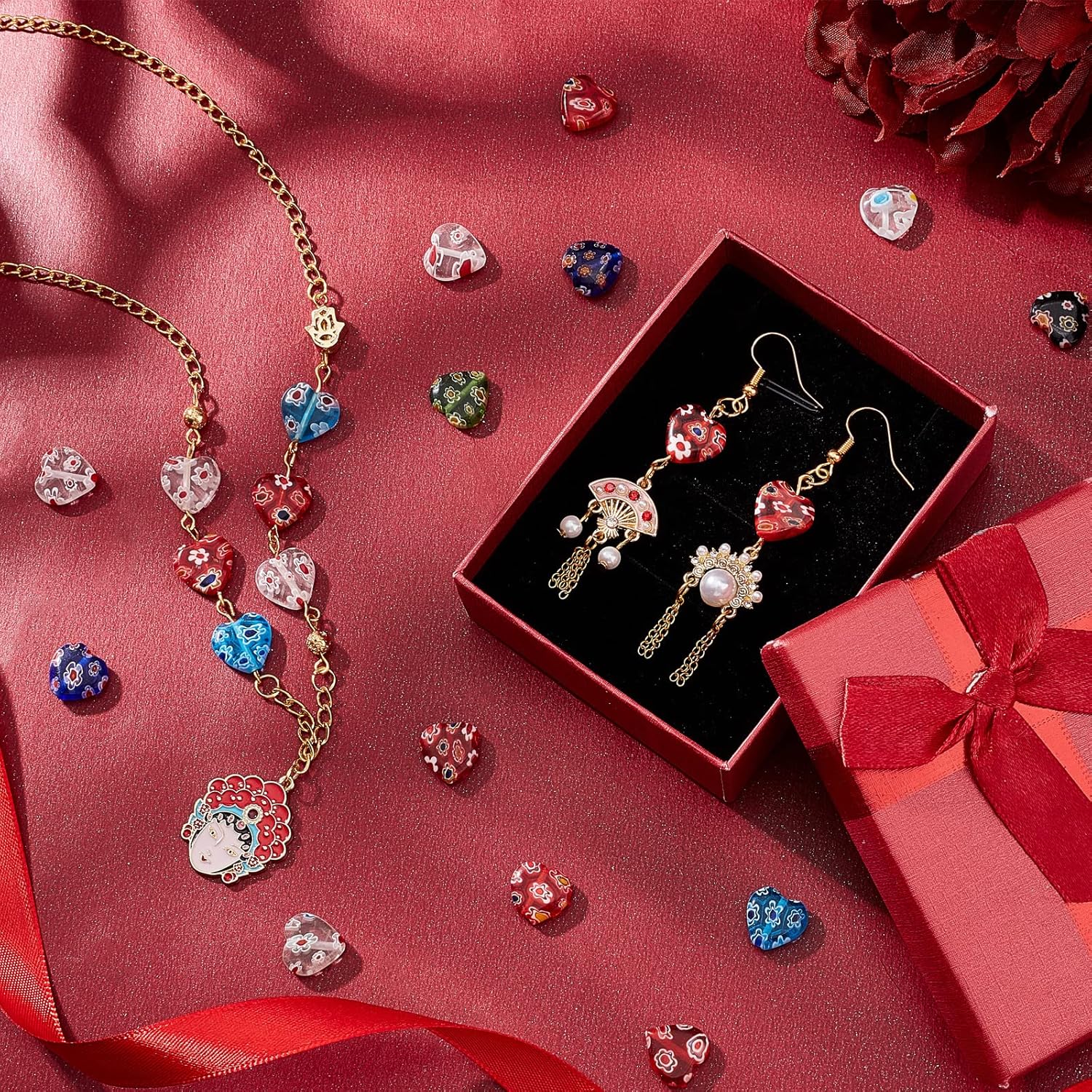 PH PandaHall 12mm Lampwork Flat Heart Glass Beads, 80 Pcs 8 Colors Millefiori Spacer Beads Love Heart Bead Charms for DIY Jewelry Bracelet Neclace Valentine's Mother's Day Birthday Gift - Image 3