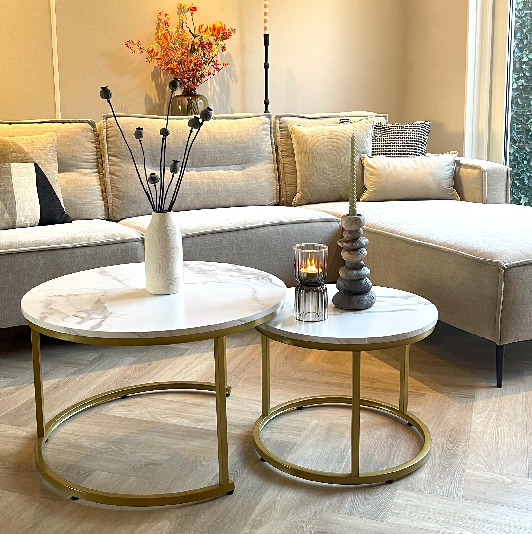 Home Heaven® Couchtisch Rund Weiss Marmor mit Gold – Runder Wohnzimmertisch 2er Set für Wohnzimmer - Ø70cm Ø50cm