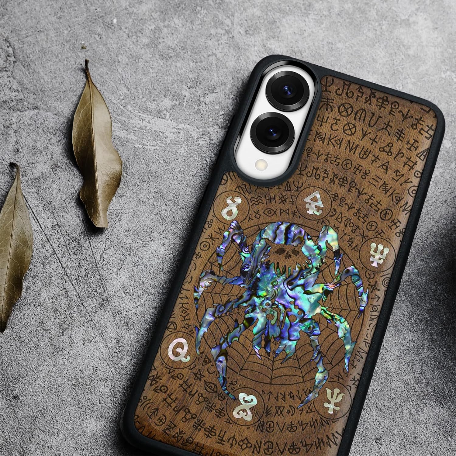 Carveit Magnetic Wooden Case for Samsung Galaxy S25 Edge Case, Wood Artisan Engraved & Handmade Shell Inlaid, Compatible with MagSafe Wireless Chargers (Spider Amidst Mystical Runes) Walnut