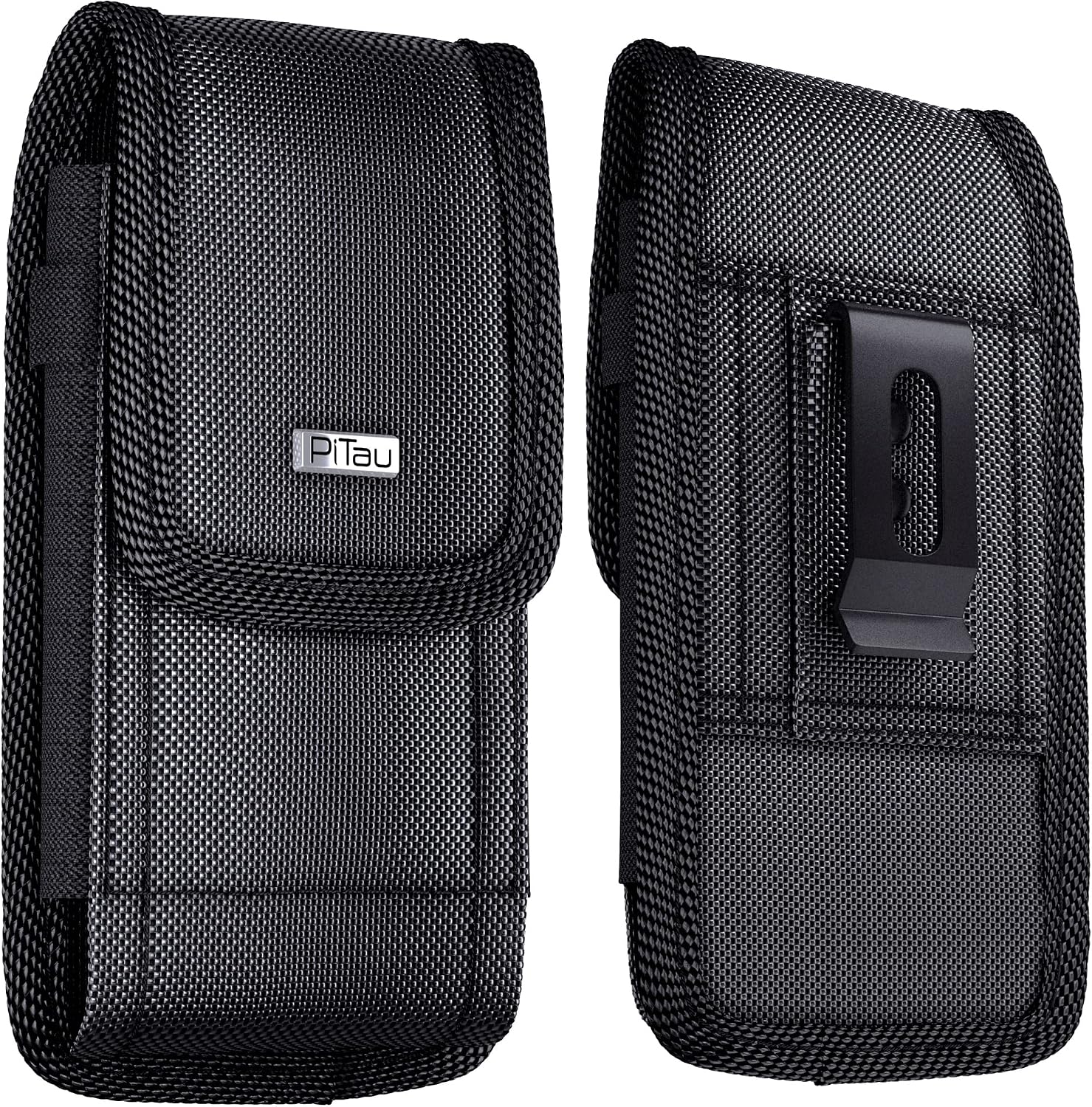 PiTau Holster for iPhone 14, 14 Pro, 13, 13 Pro, 12 Pro, 12, X, XR, Xs, 11 Pro Nylon Cell Phone Belt Holder Case with Belt Clip Loop Pouch Cover (Fits Phone with Otterbox Commuter Case) Black Large