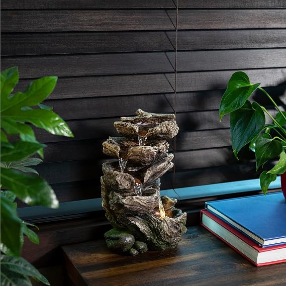 Alpine Corporation WIN1180 11 Indoor Tabletop Waterfall Fountain with LED Lights, 5 Tier Rainforest Garden Fountain, Brown