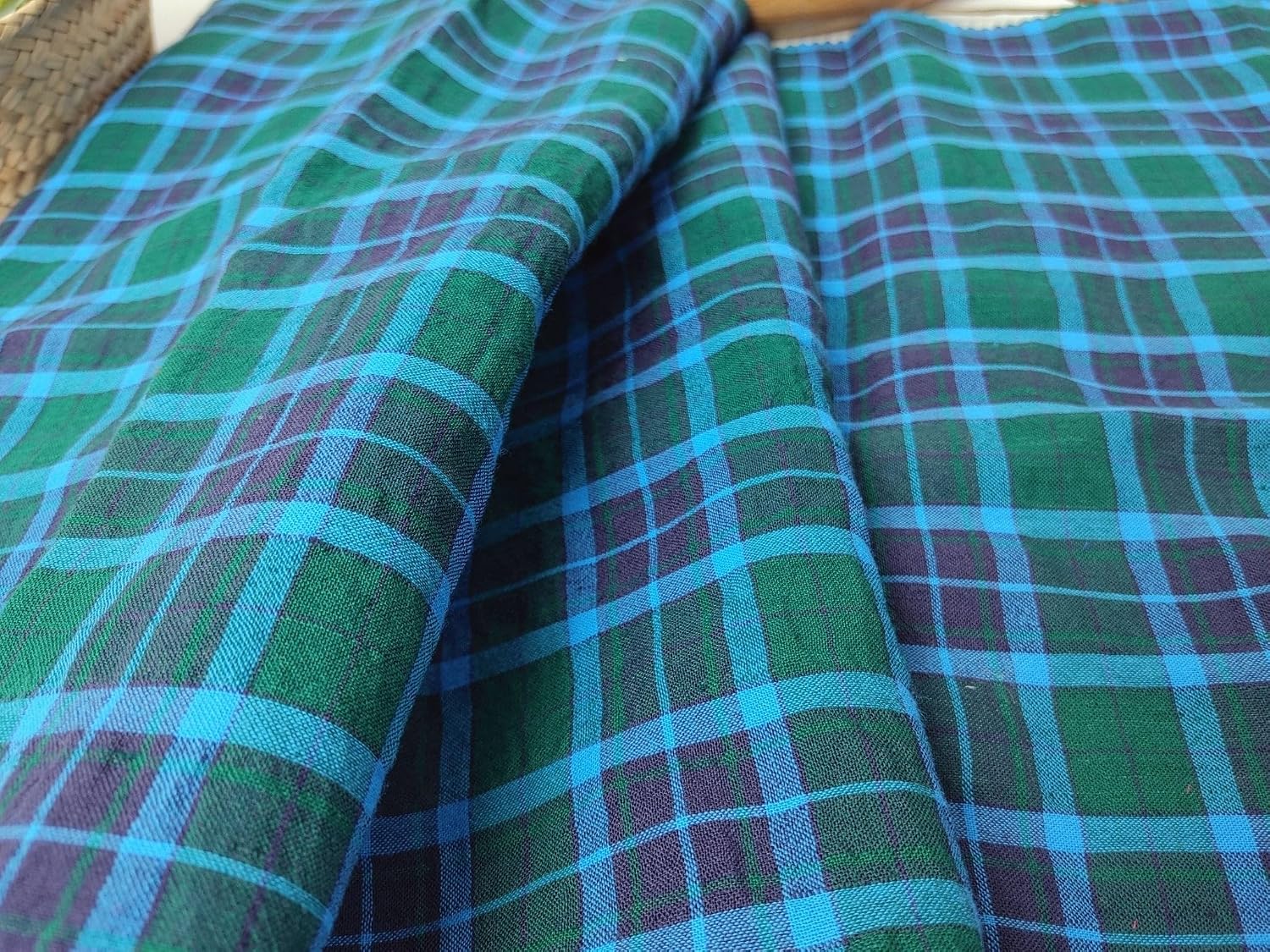 Wrinkled Tartan Fabric: Linen Cotton PU in Green, Wrinkled Effect 7360 Green