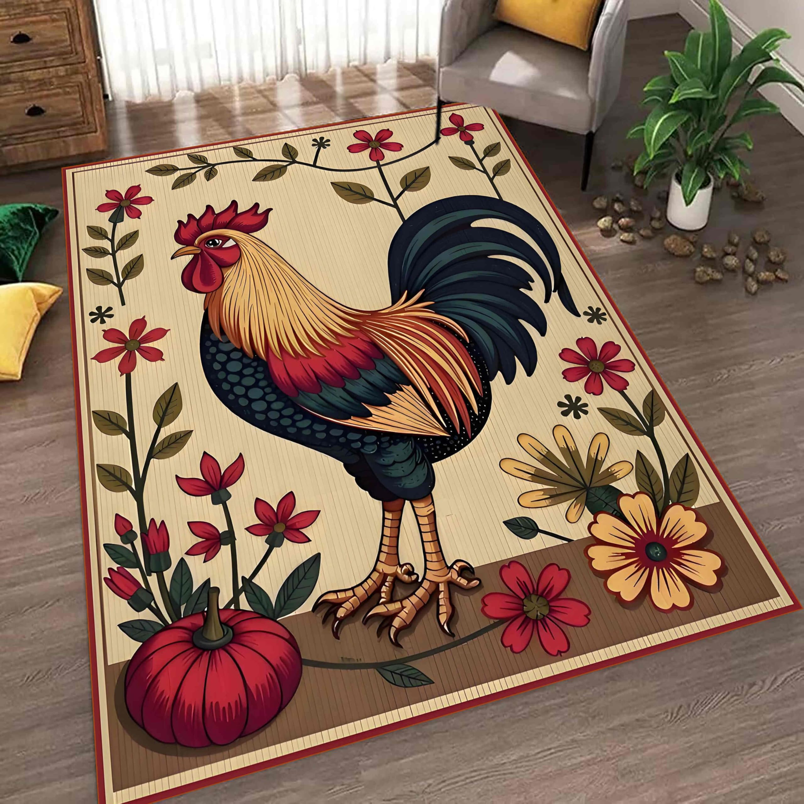 YHUERC Washable Rooster Area Rug, 180x230cm Vintage Rooster Carpet, Chicken Rug, Kitchen Decor, Cartoon Kids Print Rug, Soft Non-Slip Floor Mat, for Living Room Bedroom Boys Girls Children's Playroom.