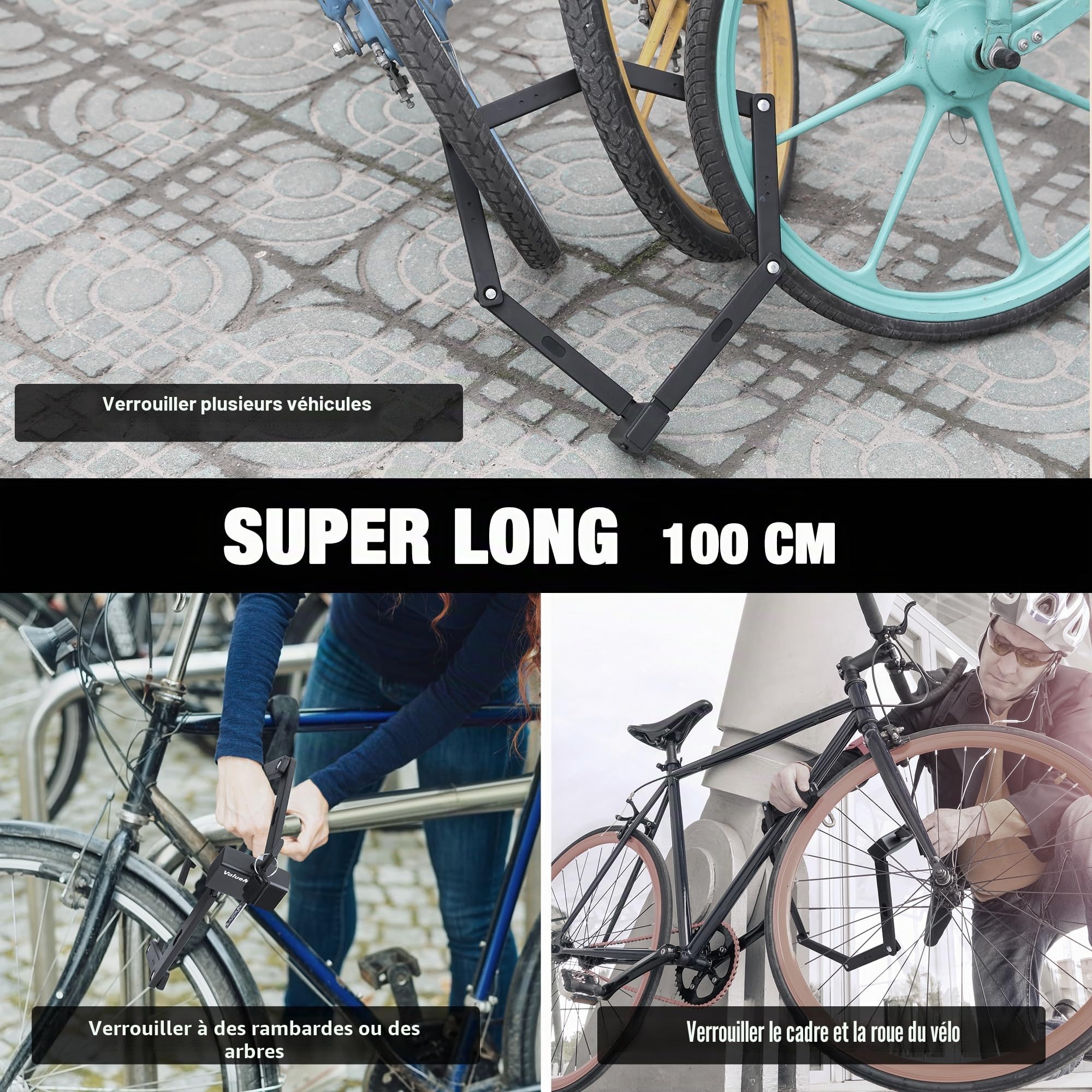 ValueMax Antivol Vélo Pliant, Serrure de Vélo Pliant Robuste | Extra Long 100cm, 6 Branches avec 2 Clés et Support de Montage pour Vélo/Moto/Scooter/Porte Pliable