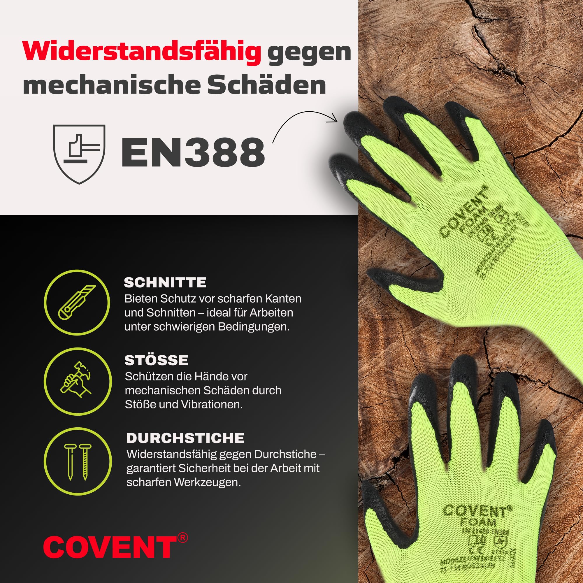 Covent FOAM Guantes de trabajo para hombre, talla 10, juego de 120 unidades, guantes de montaje, categoría II, EN388, guantes de construcción para constructores, mecánicos y montadores