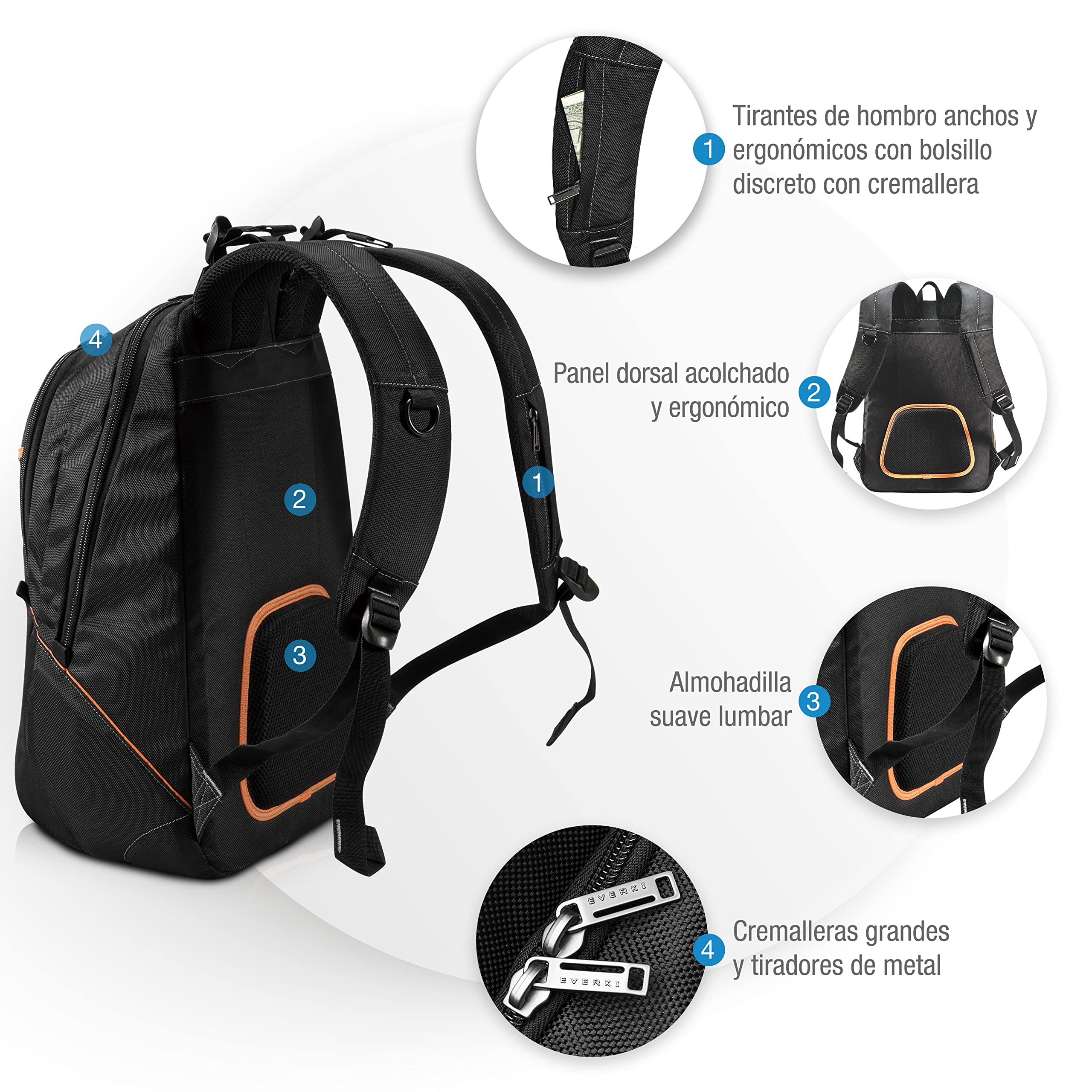 Everki Glide mochila para portátil 17,3" para mujer y hombre – robusta y repelente al agua, con tiras reflectantes para estudios, viaje o moto – Negro (EKP129)