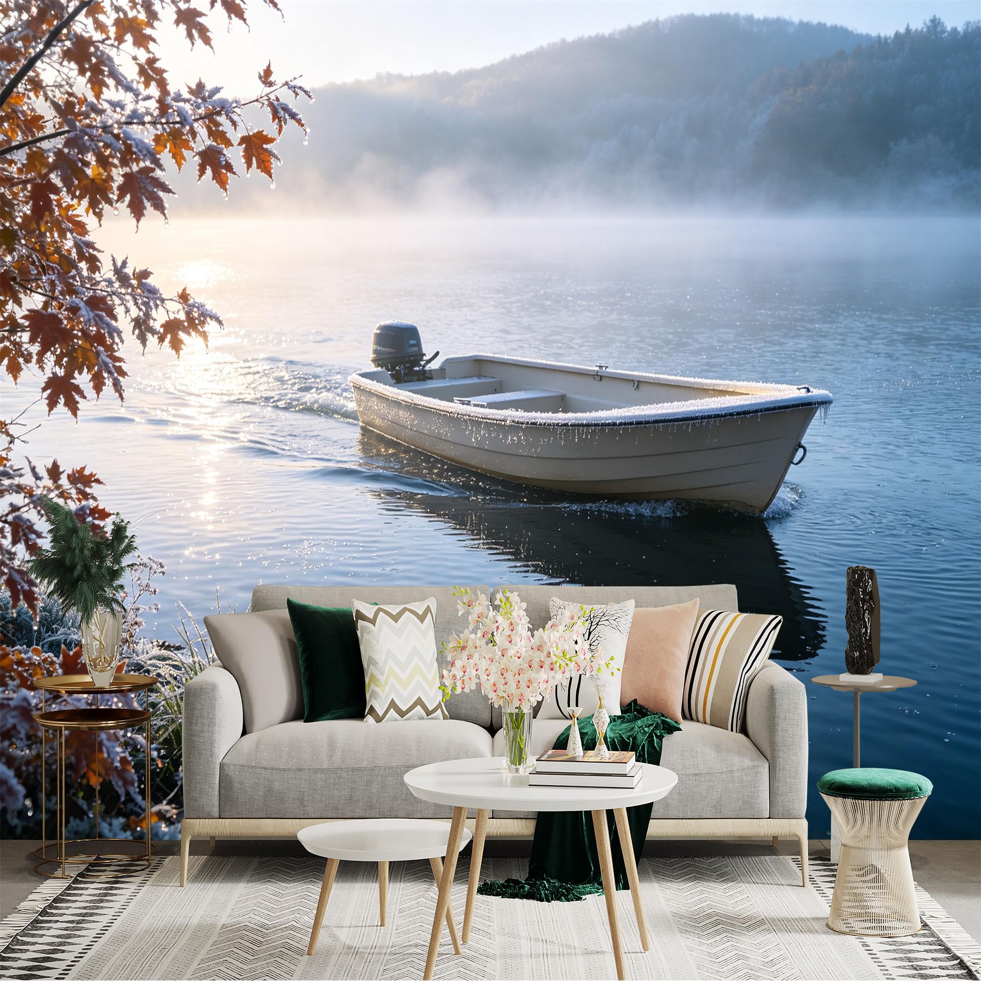 Custom Size Wall Sticker Mural， Motorboat on Misty Morning Lake， Frosty Autumn Leaves， Calm Waters， Serene Nature Scenery， for wall Decoration， peelandstick wall Decals.