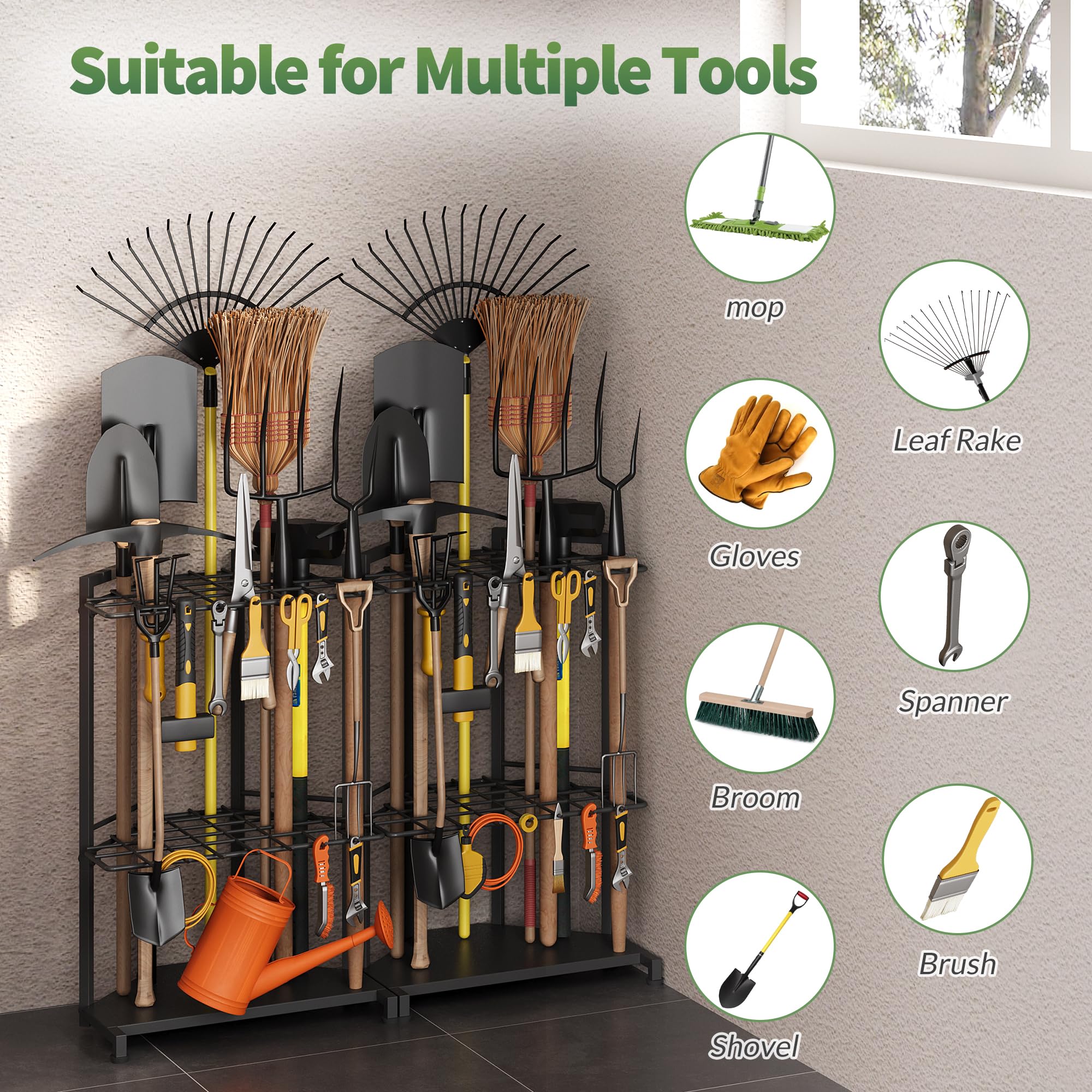 Organiseur d'outils de jardin pour coin – Support en métal robuste avec 34 compartiments de rangement et 14 crochets pour pelles, râteaux, outils à long manche, idéal pour le jardin, l'abri de jardin