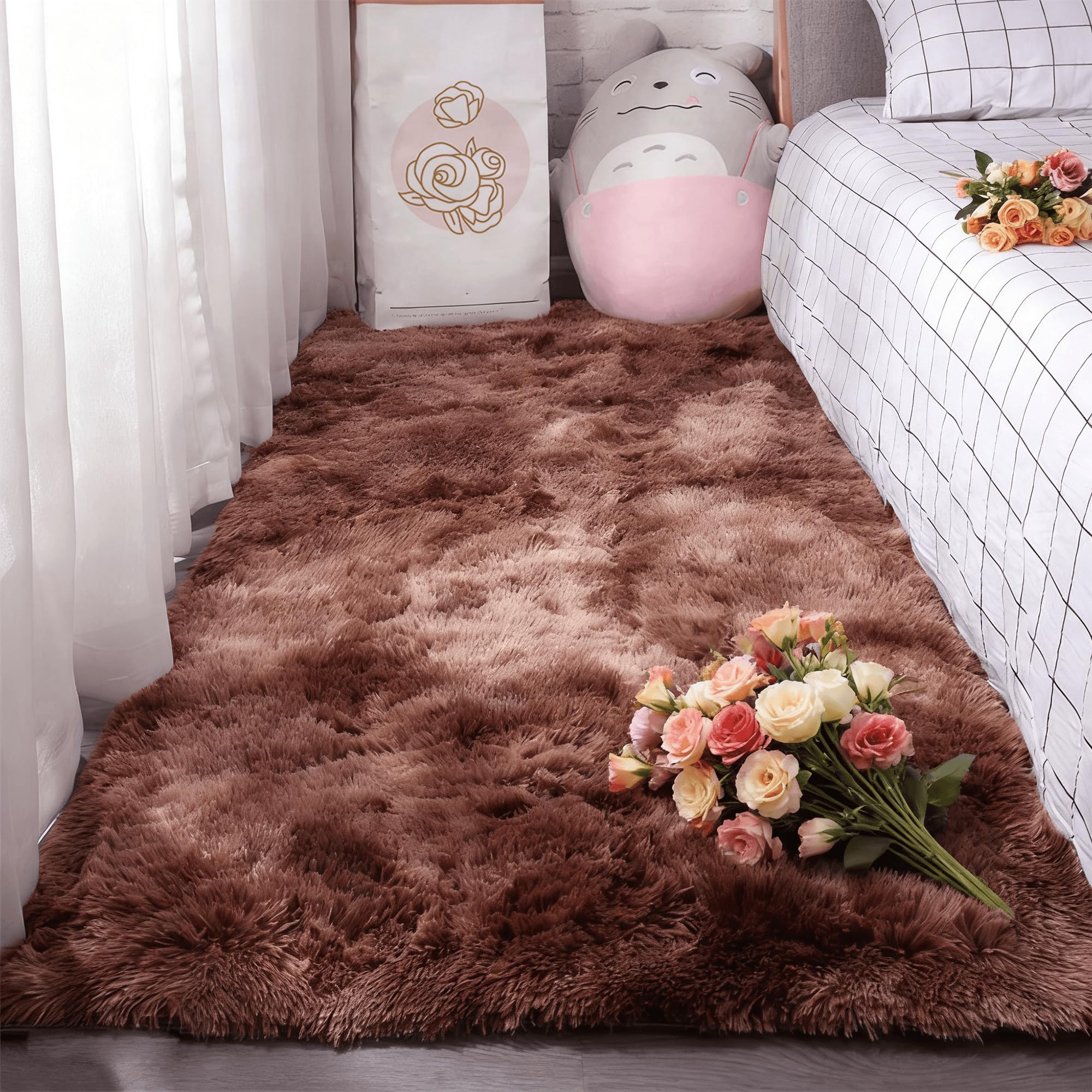 Tapis de salon 180x240 cm marron à poil long shaggy pour chambre