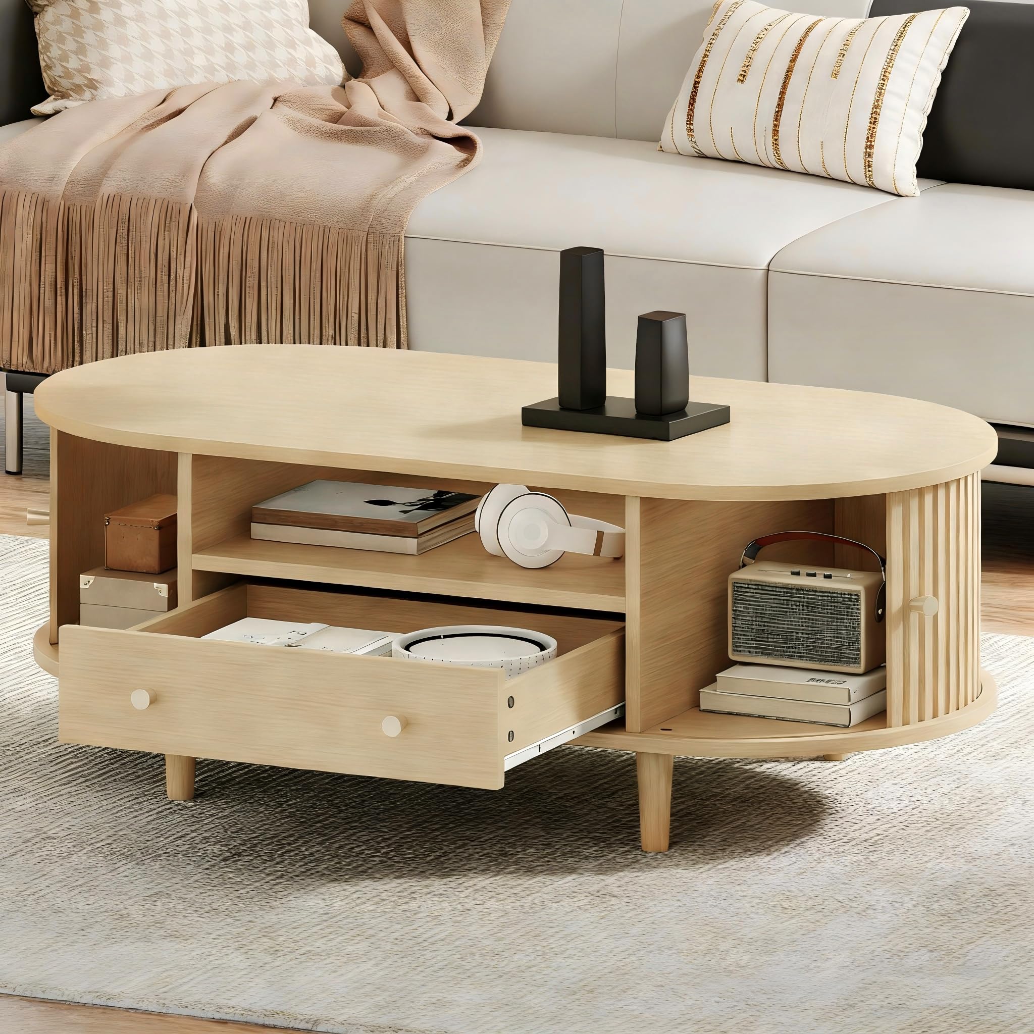 Table Basse Salon Ovale 100x50x36 cm avec Porte à roulettes et Rangement, Petite Table de Salon en Bois, Design Moderne pour Canapé et Petit Espace