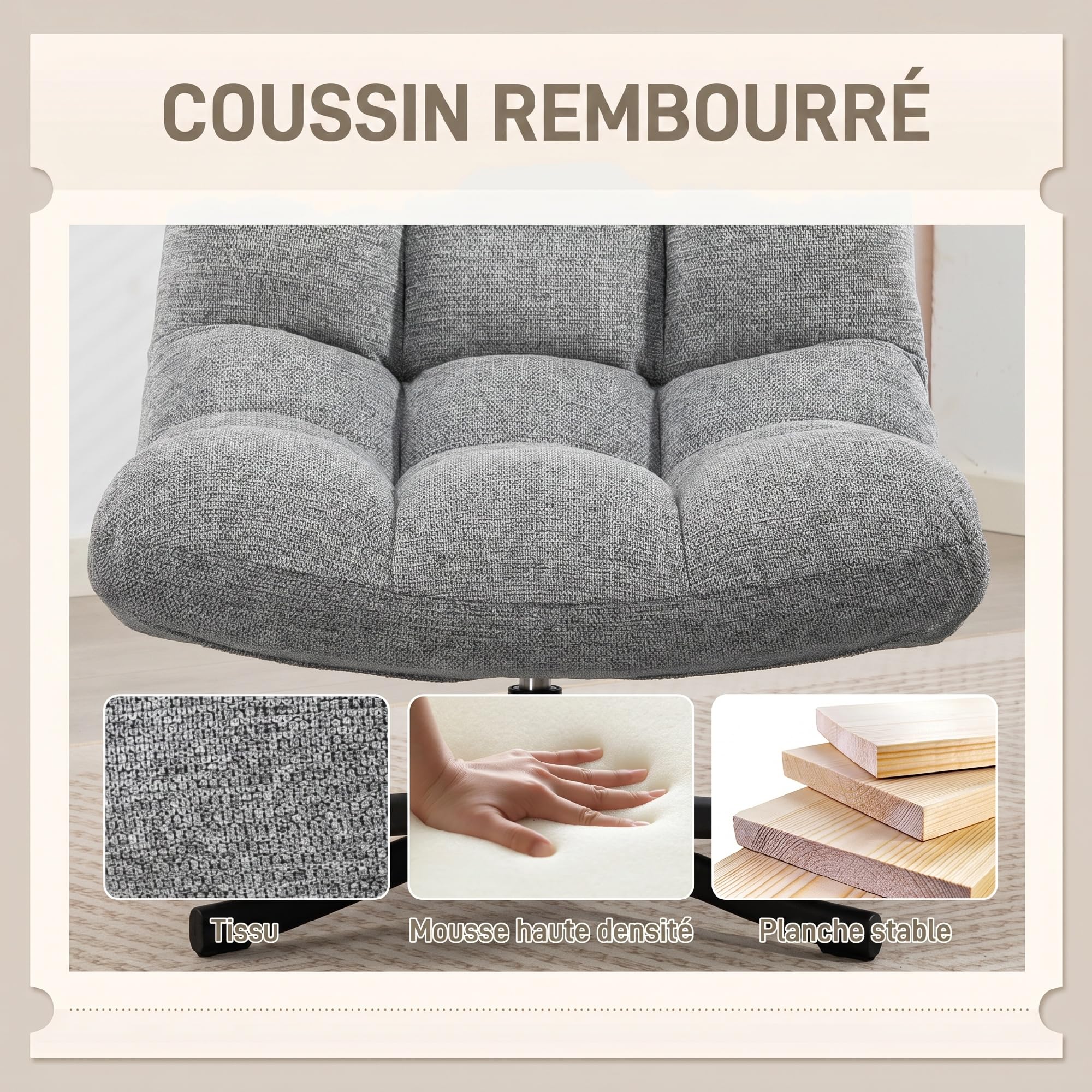 HOMCOM Fauteuil Salon sans Accoudoirs Chaise Pivotante Tissu Chenille Gris | Imperméable, Assise Rembourrée et Large, Pieds Croisés en Acier sans Roulettes, Fauteuil Relax pour Chambre et Salon