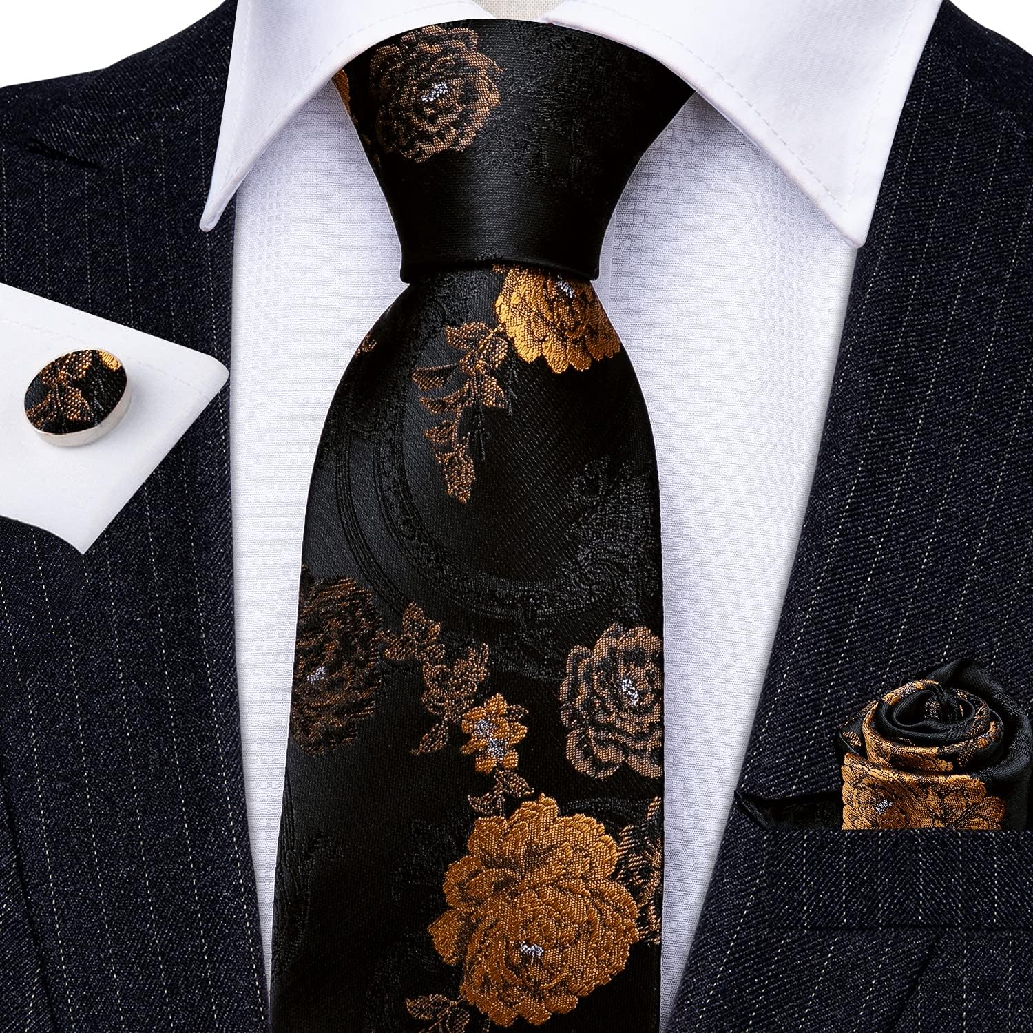 Barry.Wang Flower Ties for Men Handkerchief Cufflinks Set Wedding Necktie Set Party