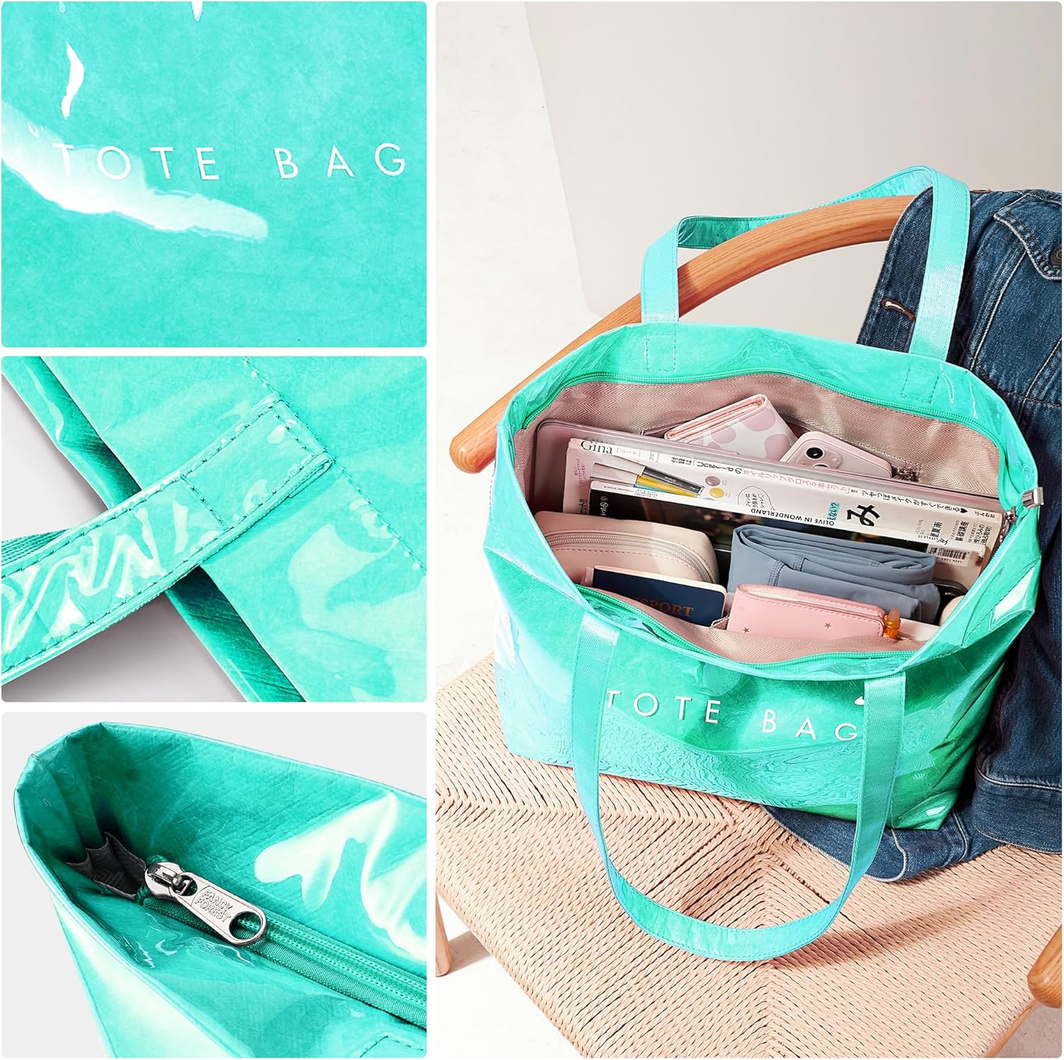 KALIDI PVC Zipper Tote Bag, Jelly Kraft Paper Beach Bag Large Hobo Carry All Travel Shopping Handbag Plastic Shoulder Bag - Image 5