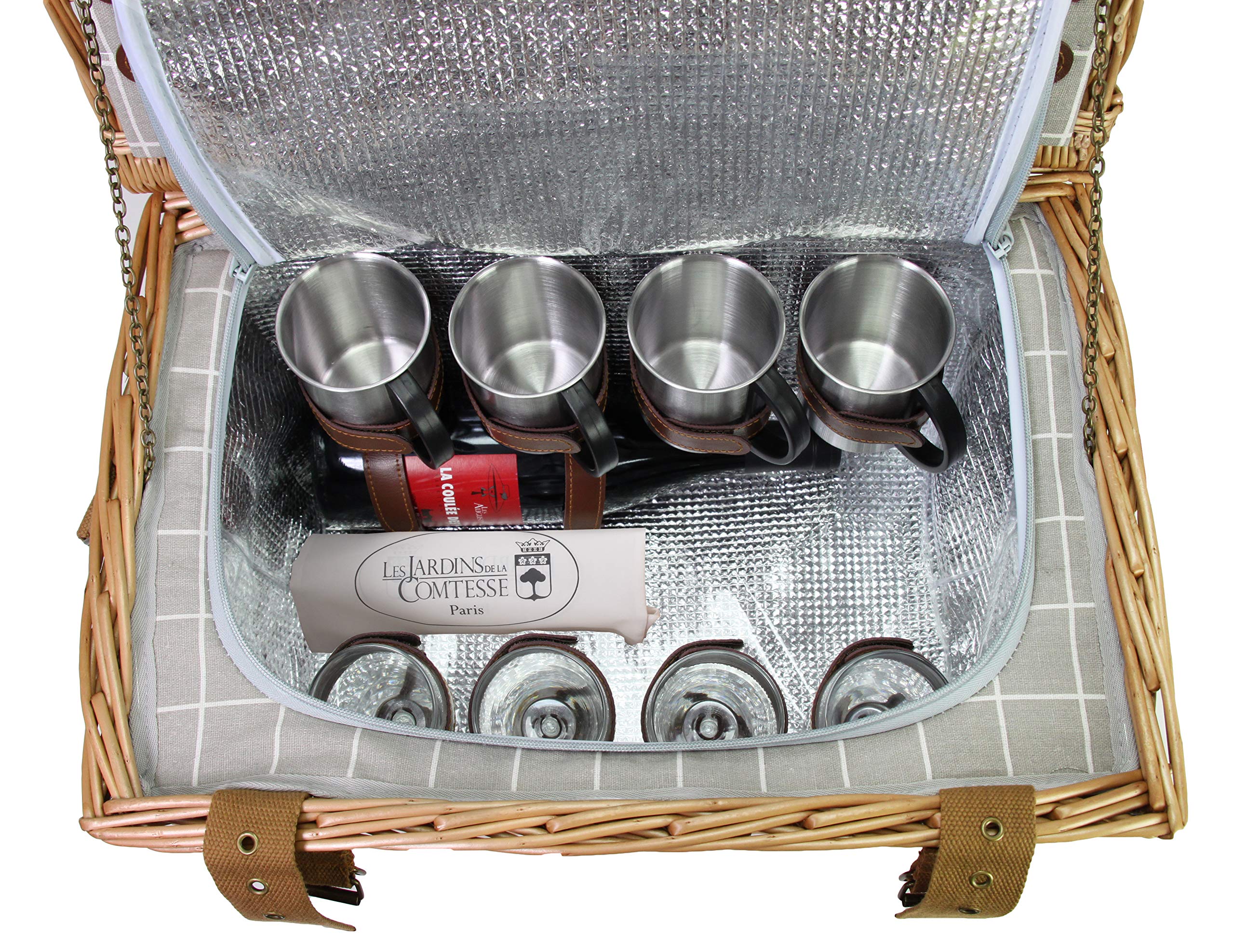 Les Jardins de la Comtesse - Panier Pique-Nique Concorde en Osier - 4 Personnes/Glacière Isotherme/Assiettes/Verres à Vin/Timbales en Aluminium - Tissu Couleur Blanc et Gris - 47 x 31 x 24 cm