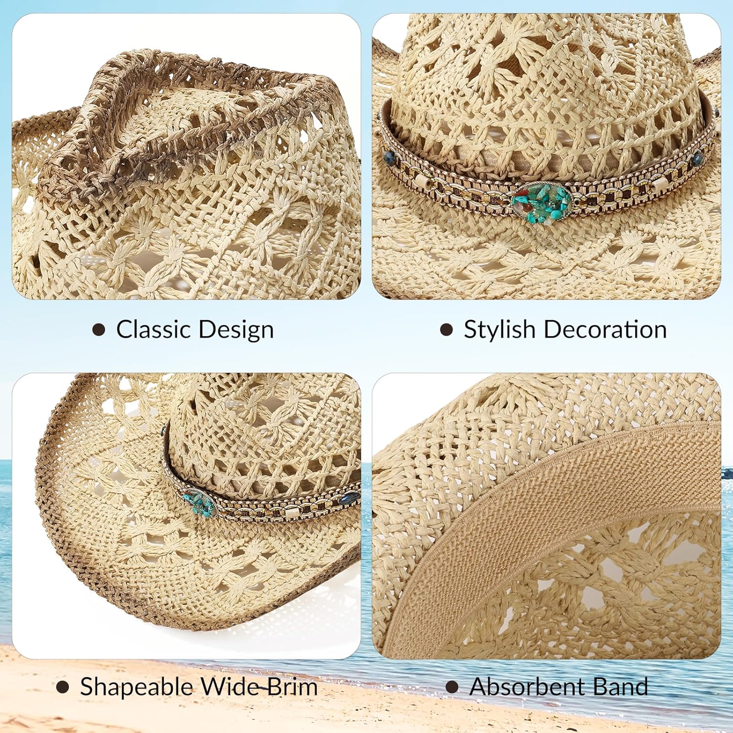 Straw Cowboy Hat for Women and Men, Western Cowgirl Hat Wide Brim Classic Sun Hats Outdoor Beach Hat Hats - Image 3