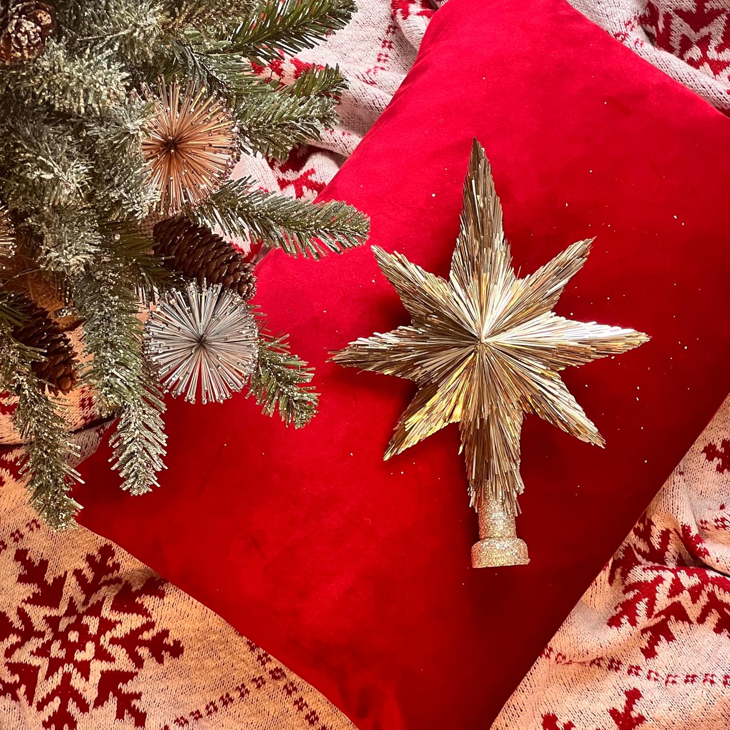 Elegant Christmas Star Tree Topper - Unique Champagne Gold Stars - Handmade Tree Top - Tinsel Decorations - Holiday Decor - Xmas Gift Christmas Ornaments - Toppers for Christmas Tree (10″) - Image 2