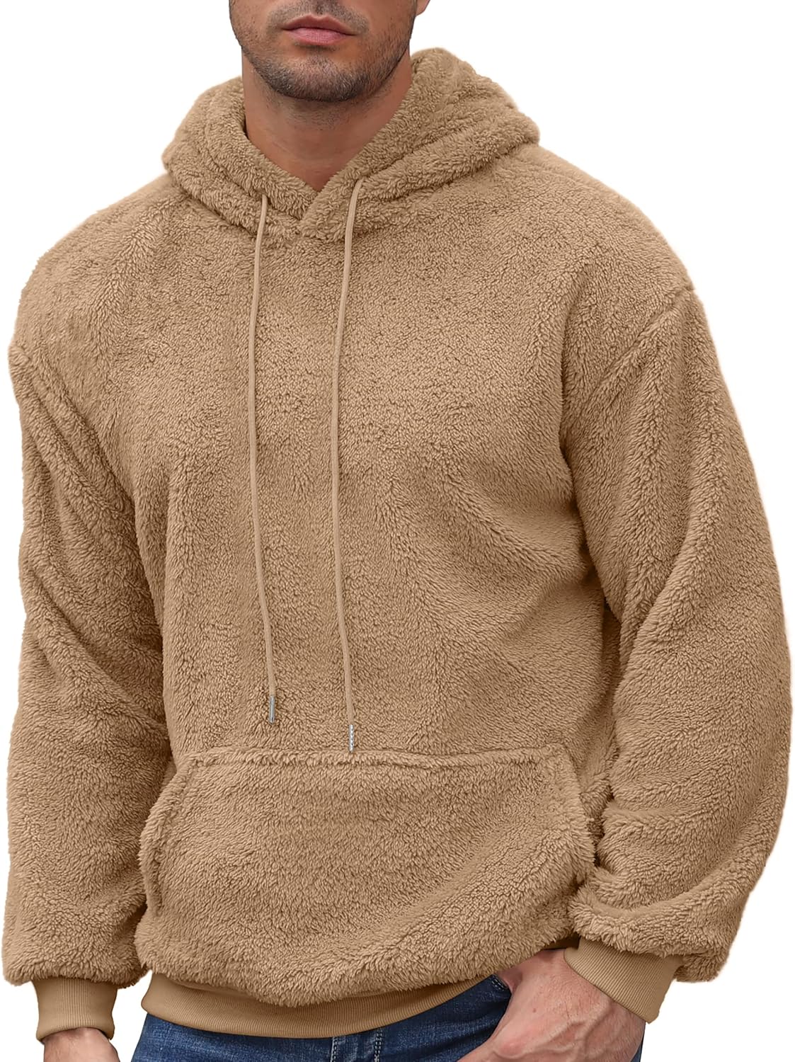 Aimeilgot Mens Hoodie Sherpa Fuzzy Soft Casual Sweatshirts Long Sleeve Classic Pullover Drawstring Hooded Outwear with Pocket - Image 2