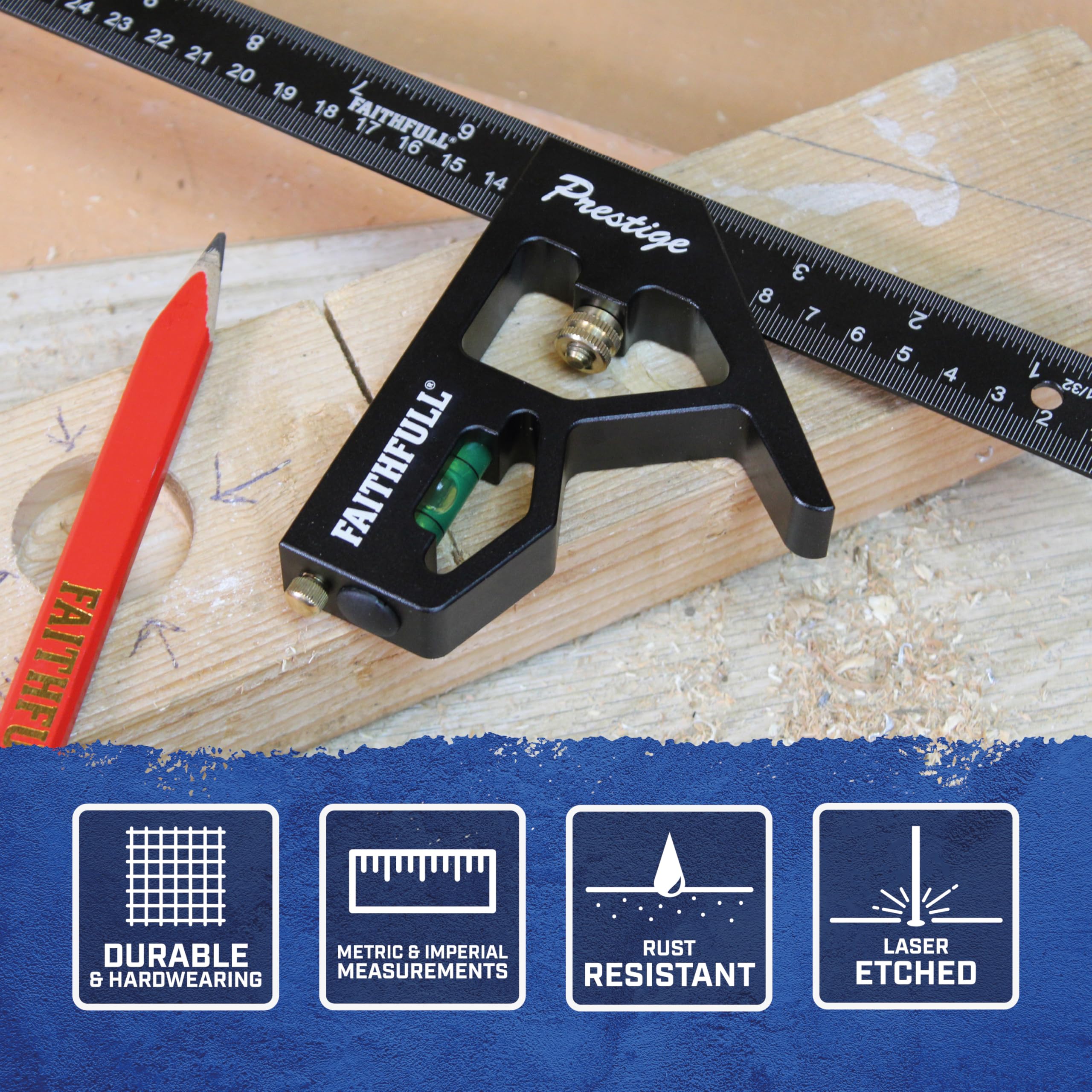 Équerre combinée Faithfull Prestige en aluminium noir 400 mm (16 po) – Outil multifonction de mesure et de traçage avec niveau à bulle et pointe à tracer pour le travail du bois et du métal