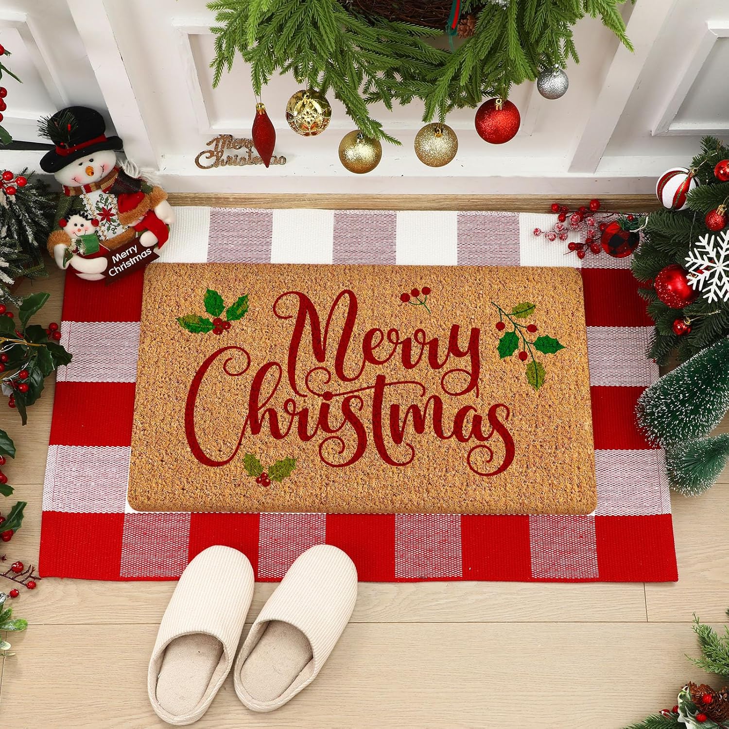 2 Pcs Merry Christmas Door Mat Outdoor Christmas Nature Coir Welcome Outdoor Rug Red White Checked Xmas Front Porch Rugs Non Slip Floor Mats Indoor Entrance Decor Red and White Merry Christmas