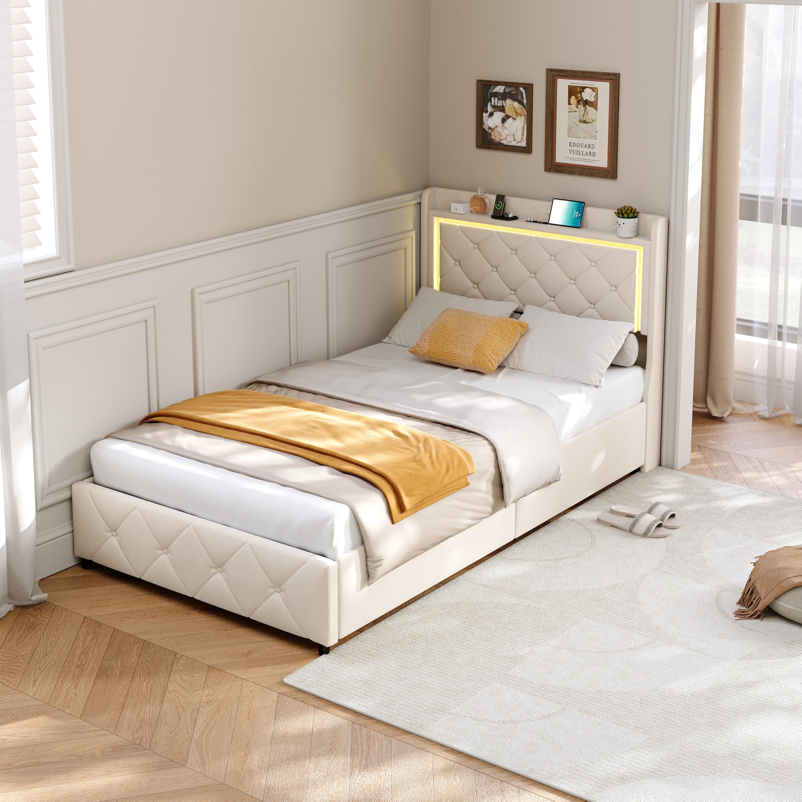 Letto imbottito 90 x 200 cm, letto imbottito con 2 cassetti,Letto LED con funzione di ricarica USB, schienale con spazio di archiviazione letto singolo con rete a doghe, letti per adolescenti (beige