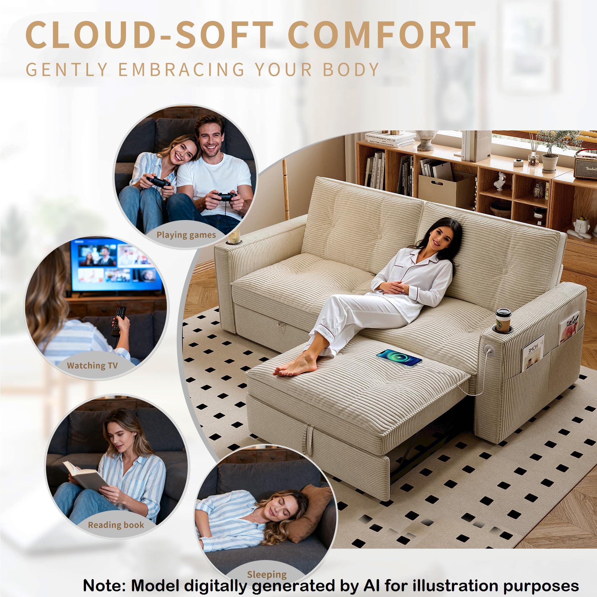 73.2'' Sleeper Sofa Full Size, Pre-Assembled Corduroy Futon, Beige | Convertible Pull Out Couch with Adjustable Backrest, Cup Holders, Pockets, USB, Loveseat for Living Room, Apartment