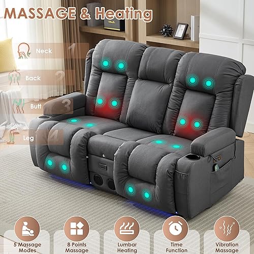 Miniatura 5 de TUNYI Wall Hugger - Sofá reclinable con consola, sofá biplaza reclinable eléctrico para autocaravana con masaje y calorUSBsalidaalmacenamientoluz