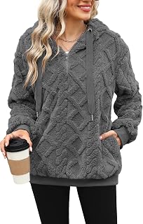 ReachMe Womens Oversized Sherpa Pullover Hoodie with Pockets Fuzzy Fleece Sweatshirt Plaid Fluffy Jacket Coat