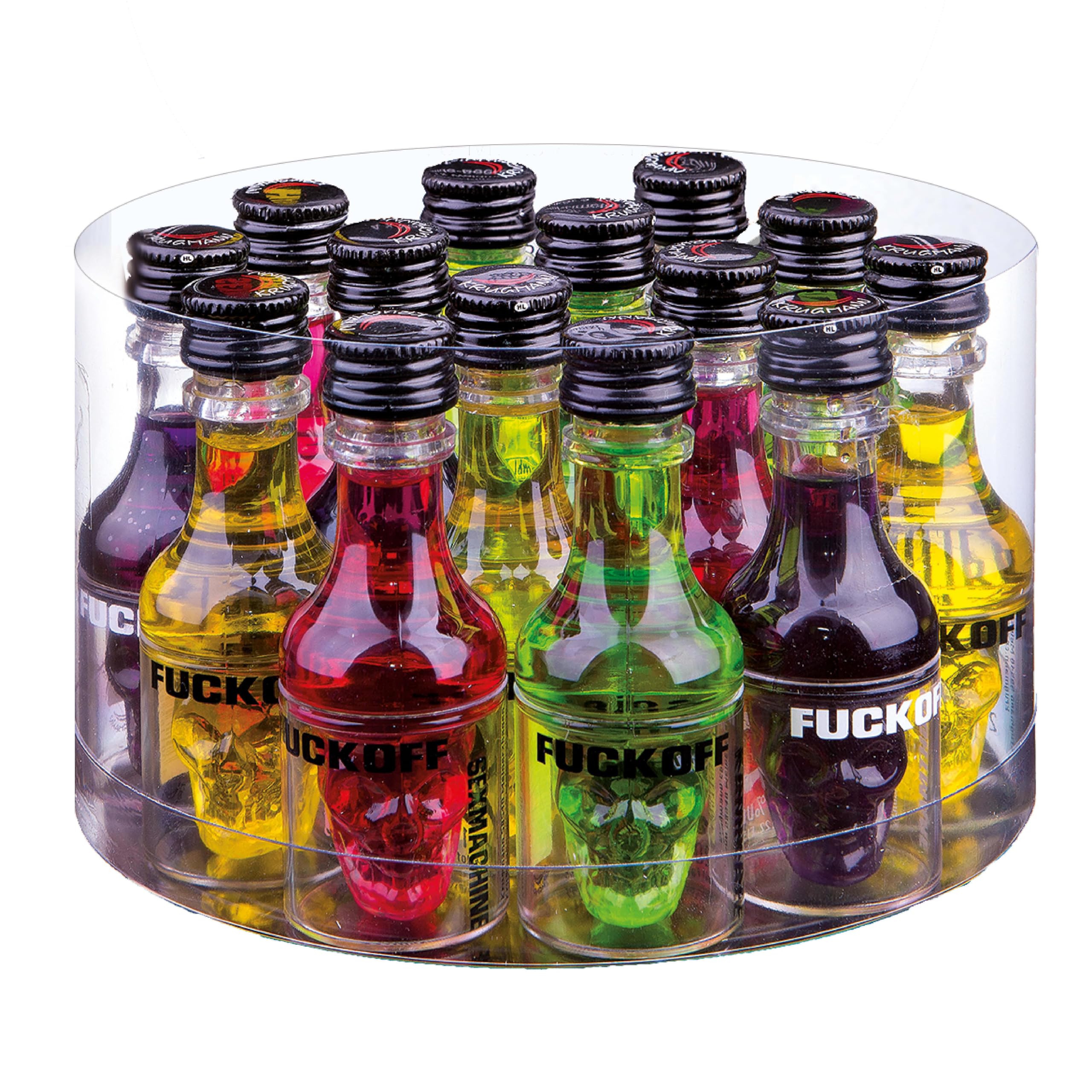 FUCKOFF 4Fach sortiert 16 x 0,02 L = 320 ML Marula, Beere, Waldmeister, Kirsche Liköre 15% Vol. - Totenkopf Formfläschchen PET - Runddose -
